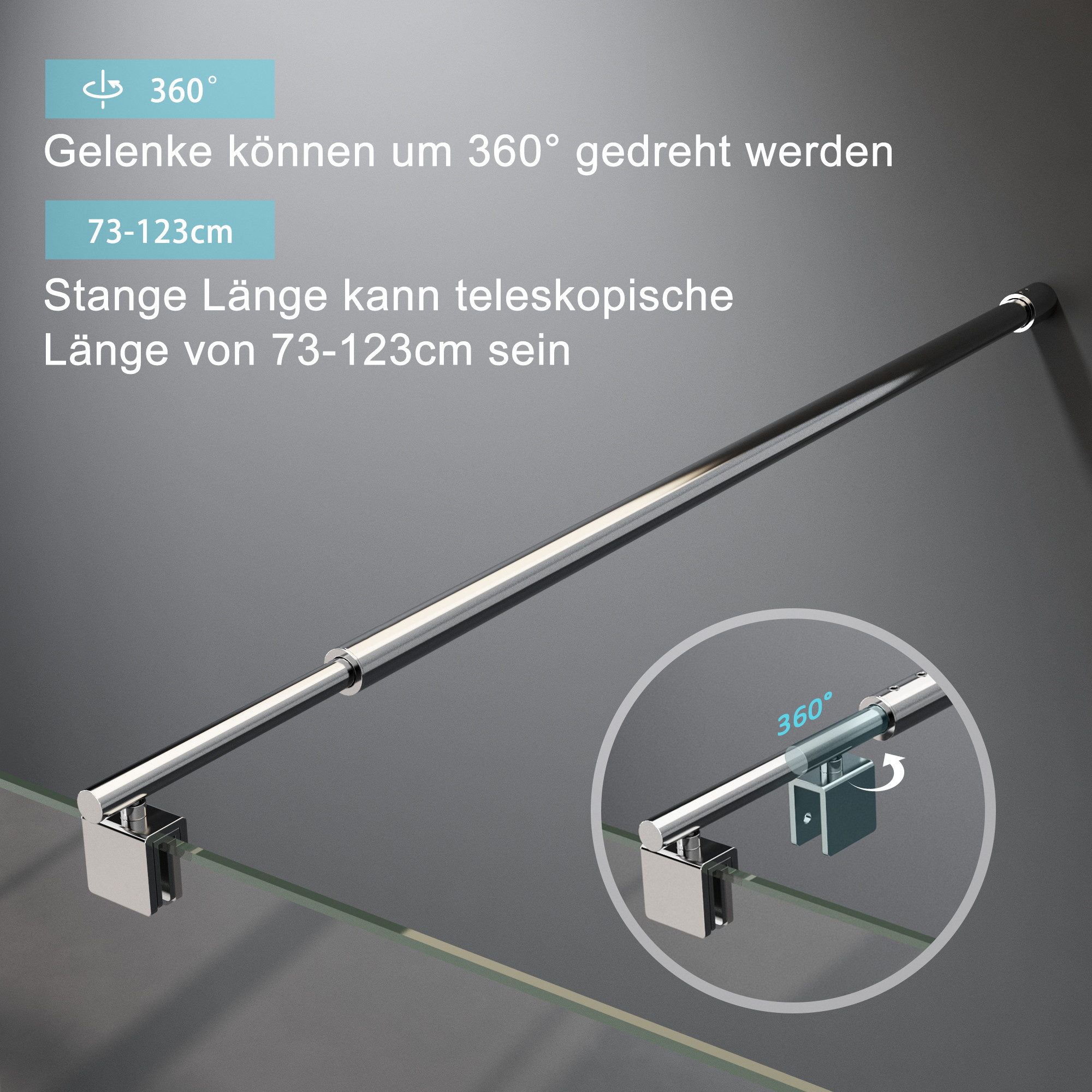 Boromal Duschwand-Stabilisationsstange für 5-10mm haltestange duschwand 73-123cm 360° Drehbar, (Stabilisator, Rund), für Walk In Duschwand Duschabtrennung Dusch – Bild 3 von 5
