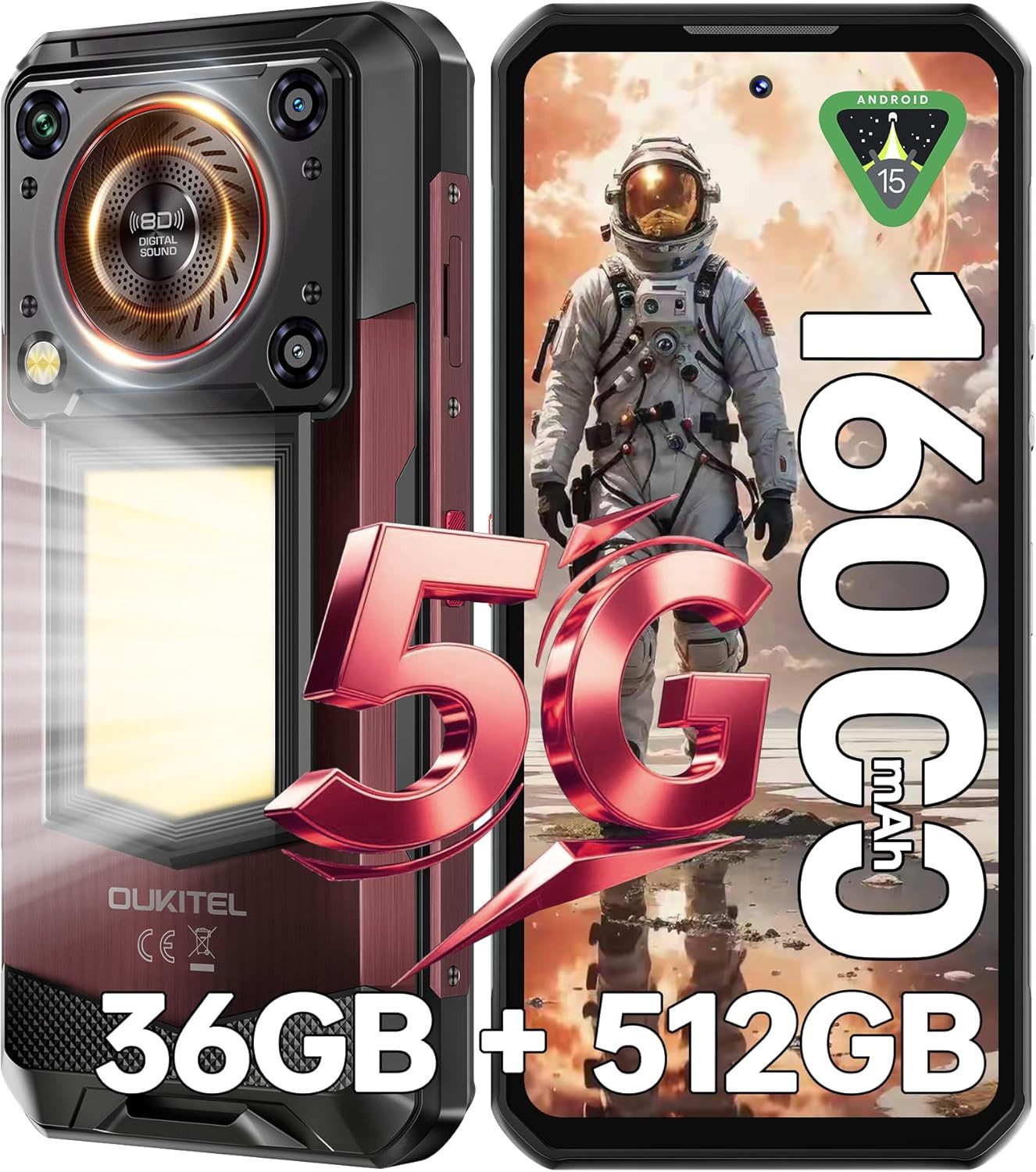 OUKITEL WP56 5G Outdoor Smartphone (17,27 cm/6.8 Zoll, 512 GB Speicherplatz, 108 MP Kamera, 16000mAh, IP68 Wasserdicht Baustellenhandy, Android 15, NFC, OTG, GPS)
