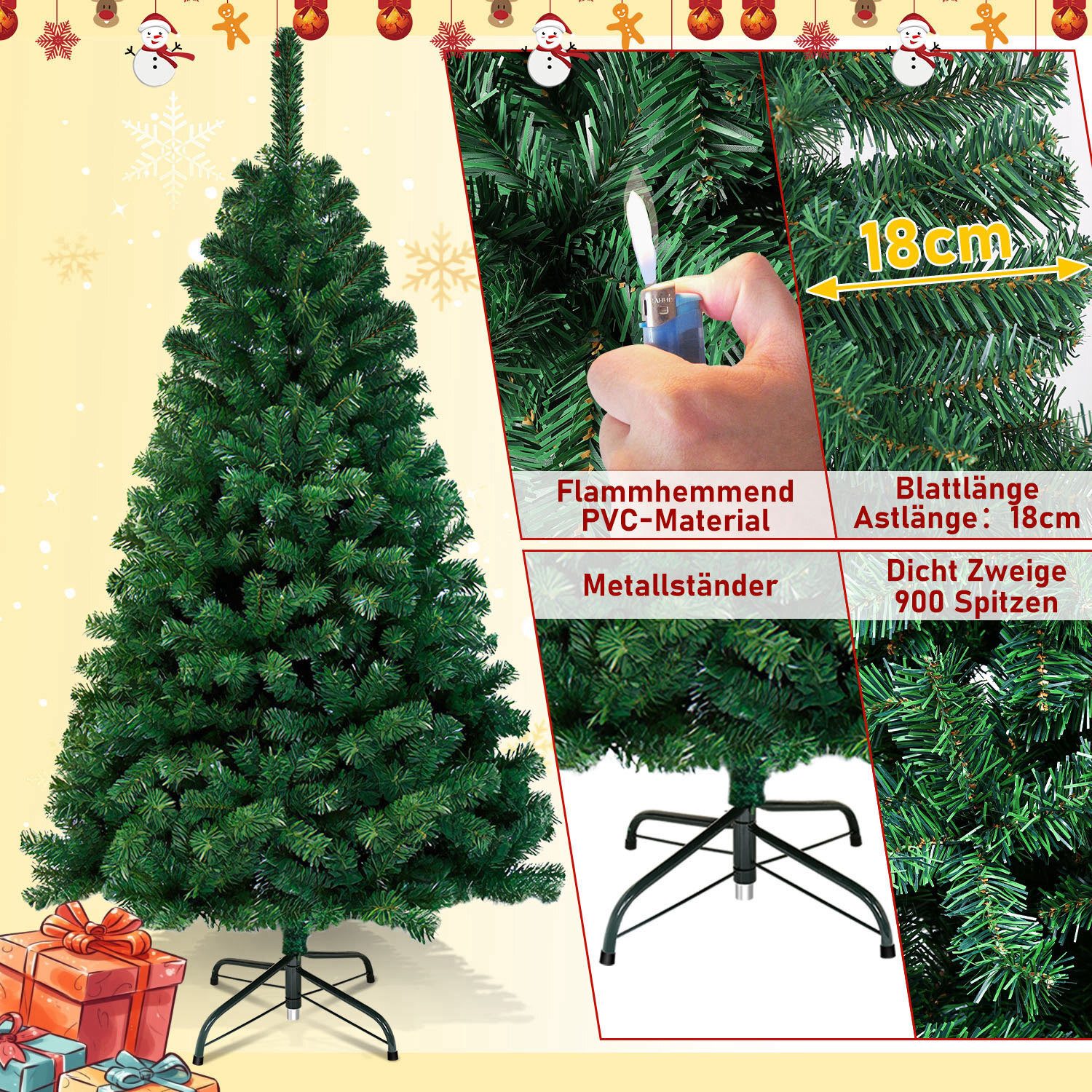 Clanmacy Künstlicher Weihnachtsbaum Christbaum mit Ständer, Schwer Entflammbar PVC Tannenbaum Grün/Weiß, Chinesische Tanne, DIY passende Dekoration – Bild 3 von 5