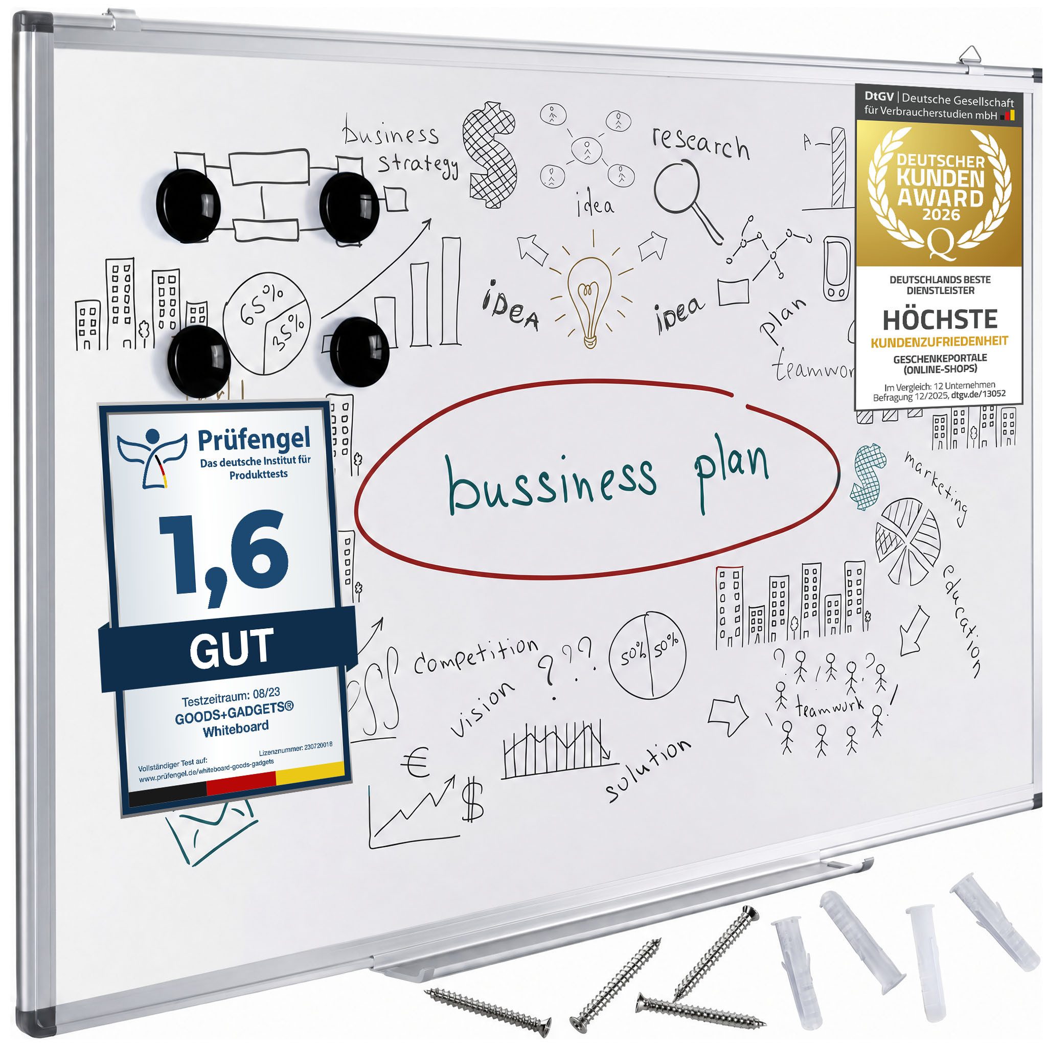 Goods+Gadgets Wandtafel Wandtafel Whiteboard Magnettafel 90×59cm–Abwischbar & Wiederverwendbar, (Magnetisch & Abwischbar, mit 4 Magnete), für Schule & Büro