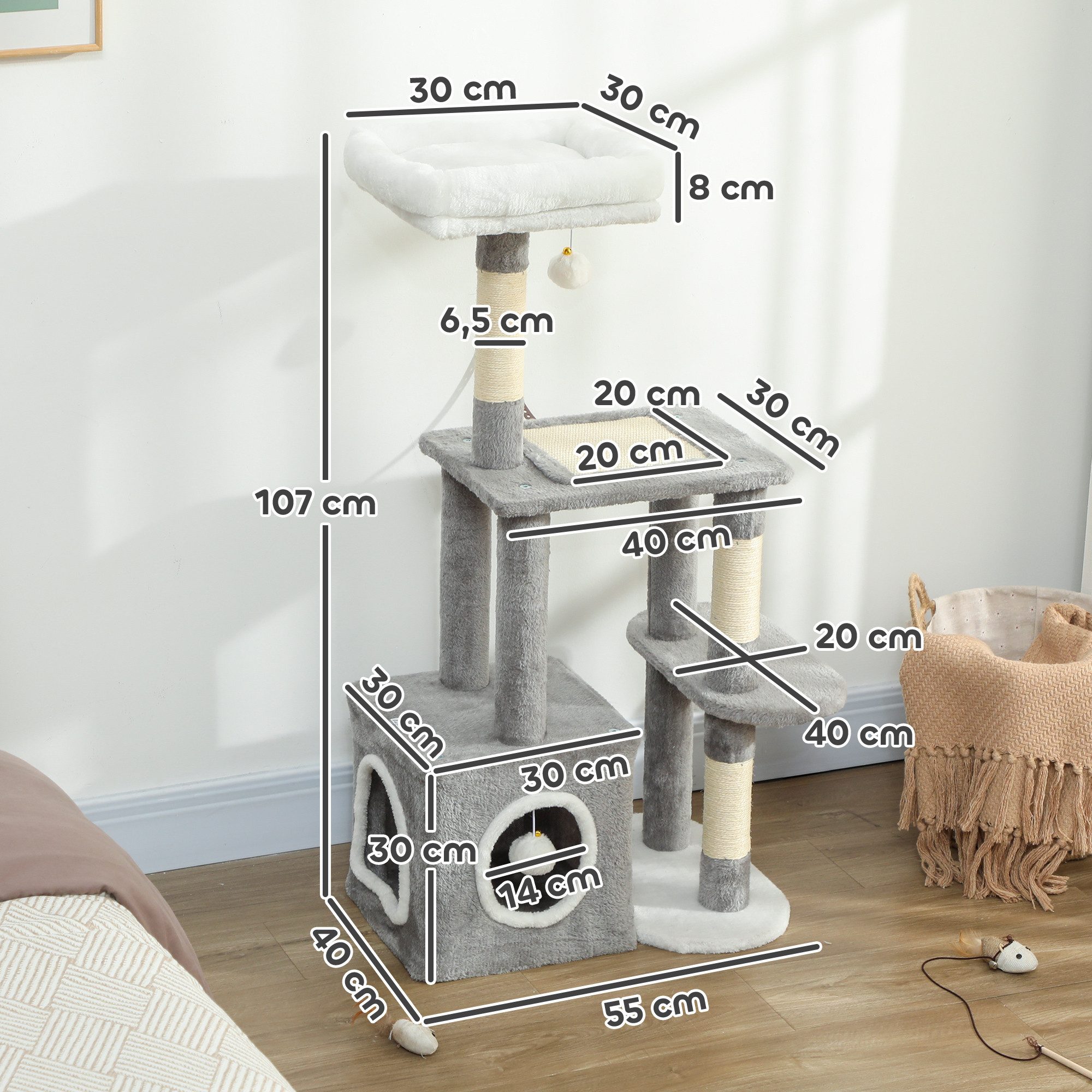 PawHut Kratzbaum 107 cm Katzenturm mit Höhle, 2 Plüschballen, Sisalstämme, große Plattform, für Katzen unter 5 kg, Grau