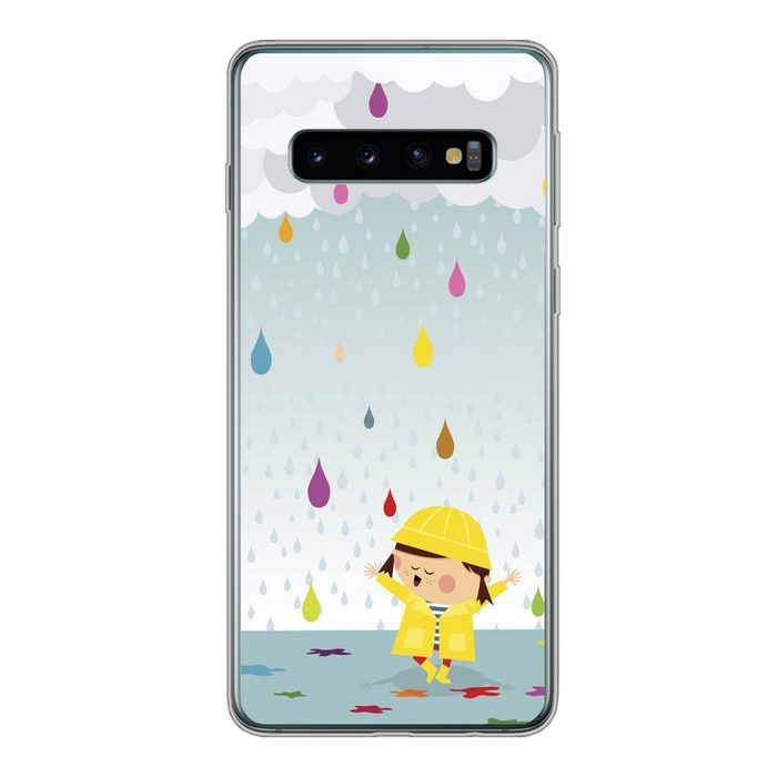 MuchoWow Handyhülle Illustration eines Kindes umgeben von bunten Wassertropfen Phone Case Handyhülle Samsung Galaxy S10 Silikon Schutzhülle