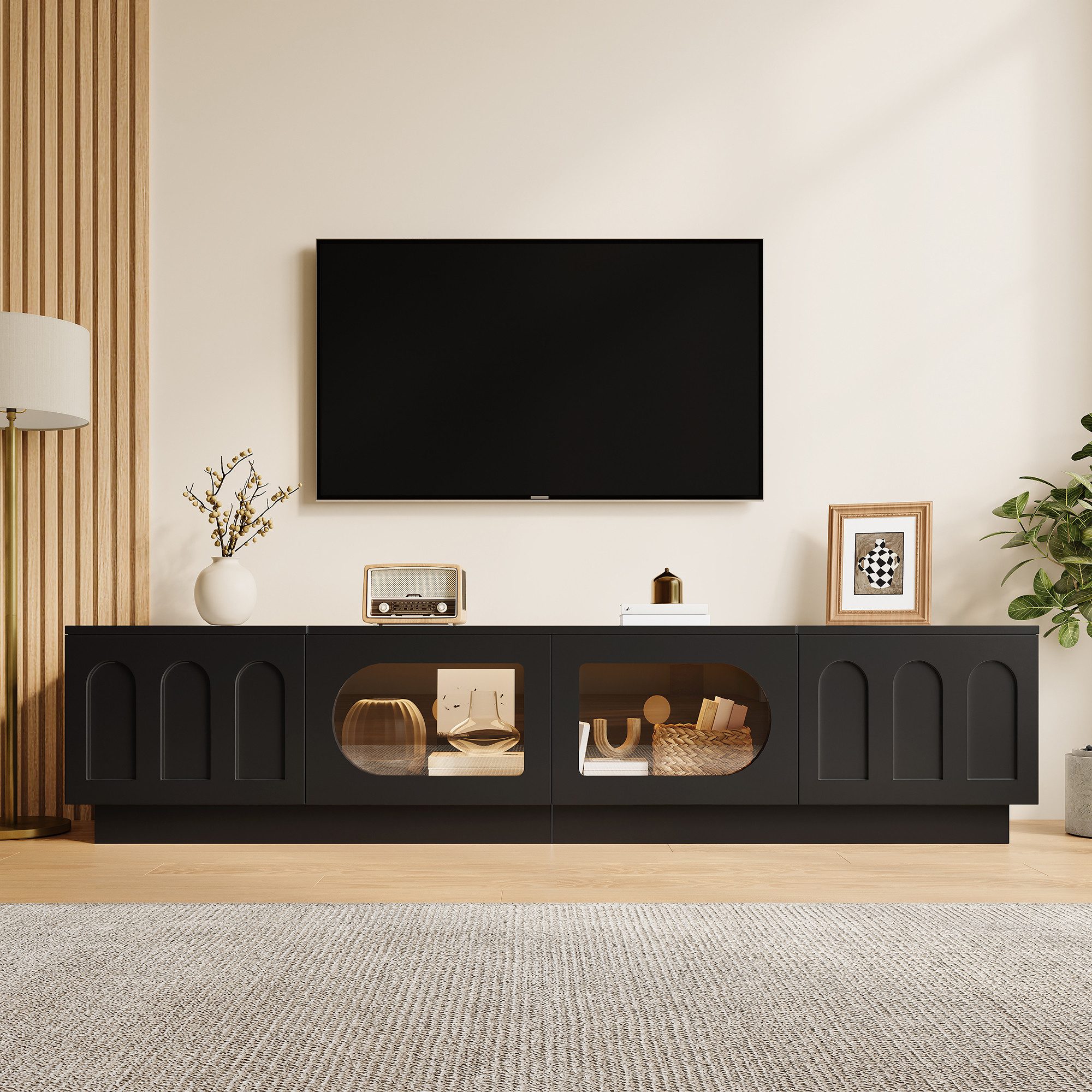 Merax Lowboard mit LED-Beleuchtung und APP-Steuerung, Fernsehtisch Fernsehschrank (1 St., 200 x 40 x 42 cm), TV-Schrank mit 2 Glastüren, 2 Türen mit Bogenrelief – Bild 4 von 5