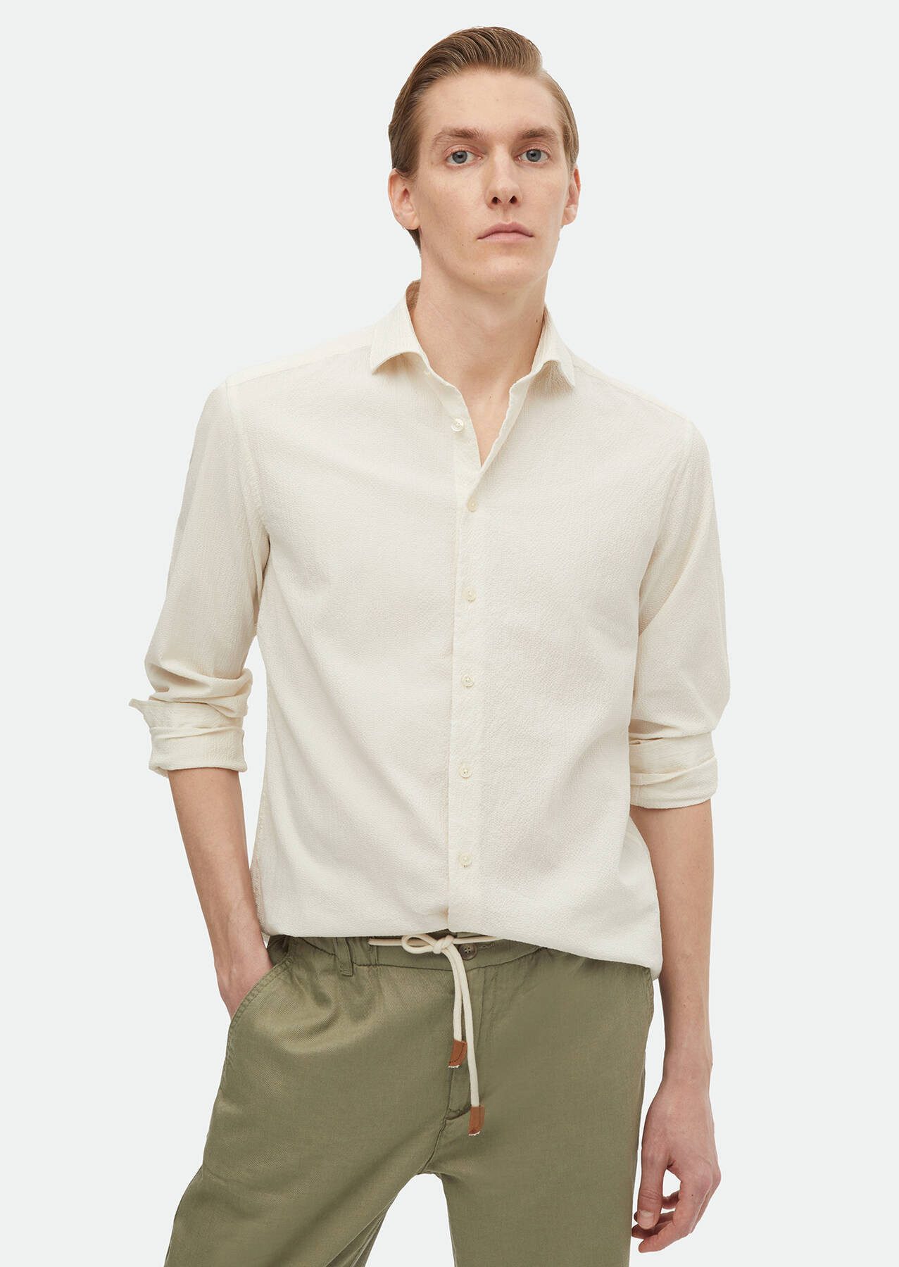 Langarmhemd Beige Einfarbig Regular Fit Weben Freizeit Baumwollmischung Hemd