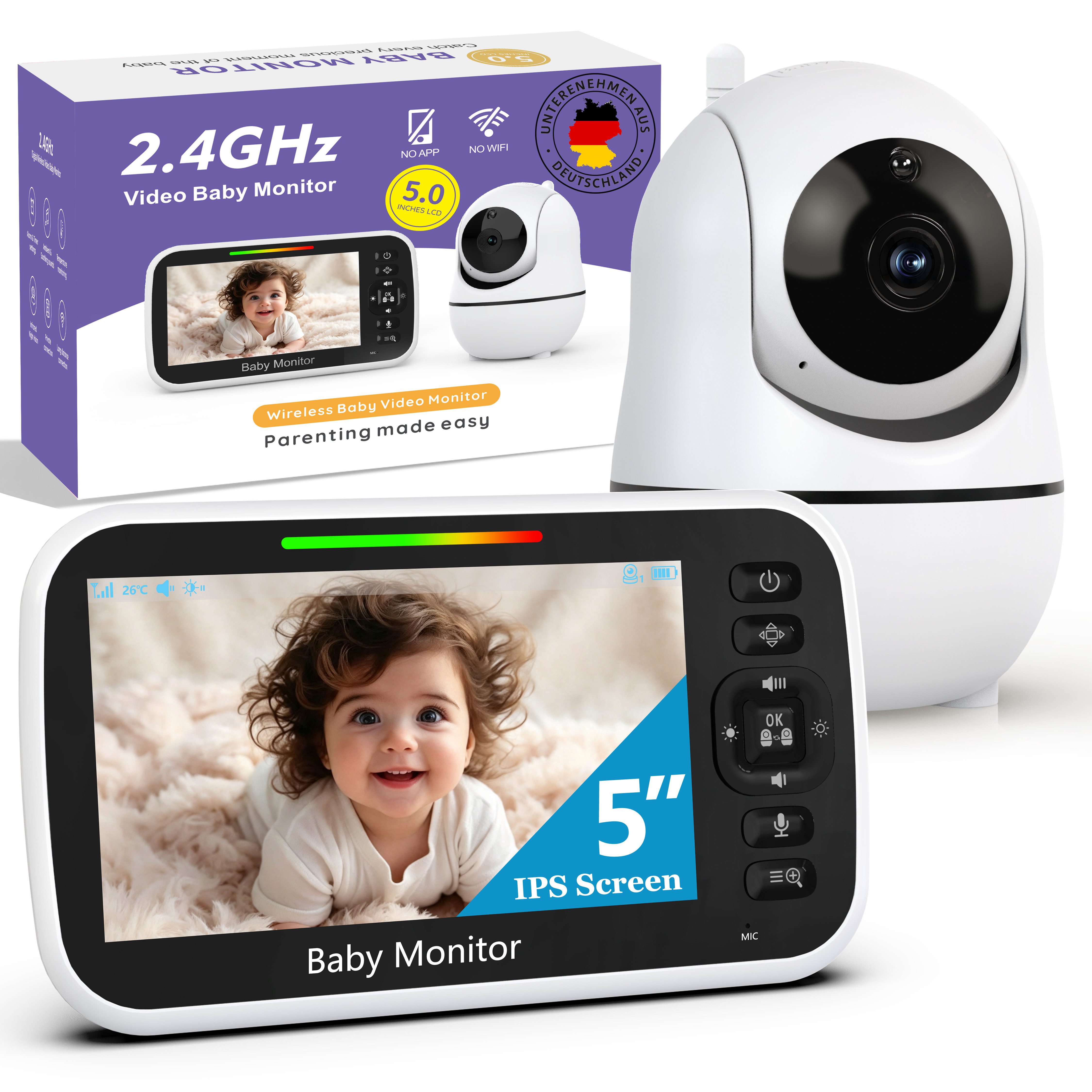 Whraills Babyphone Babyphone mit Kamera und Halterung, 2.4GHz FHSS, 6000mAh, Nachtsicht, 5" Monitor und 2x Zoom ECO/VOX, Temperaturalarm und Flexible Halterung