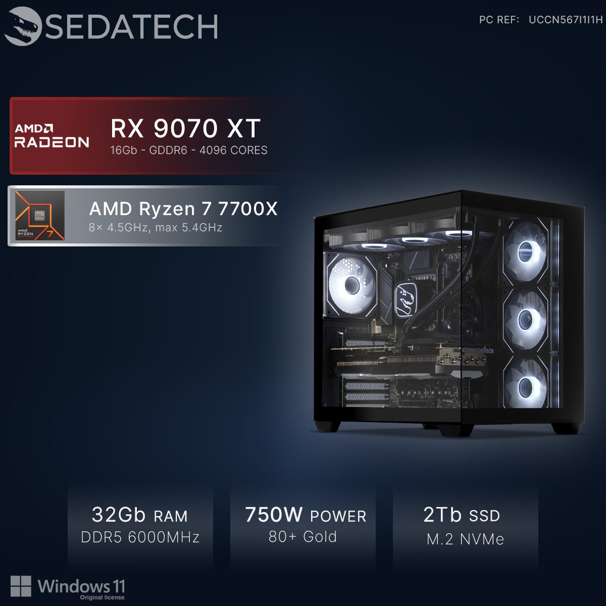 Sedatech UCCN567I1I1HF - Watercooling Gaming-PC (AMD Ryzen 7 7700X 8x 4.5GHz (max 5.4GHz), Radeon RX 9070 XT 16GB, 32 GB RAM, 2000 GB SSD, Watercooling, Wlan 7)