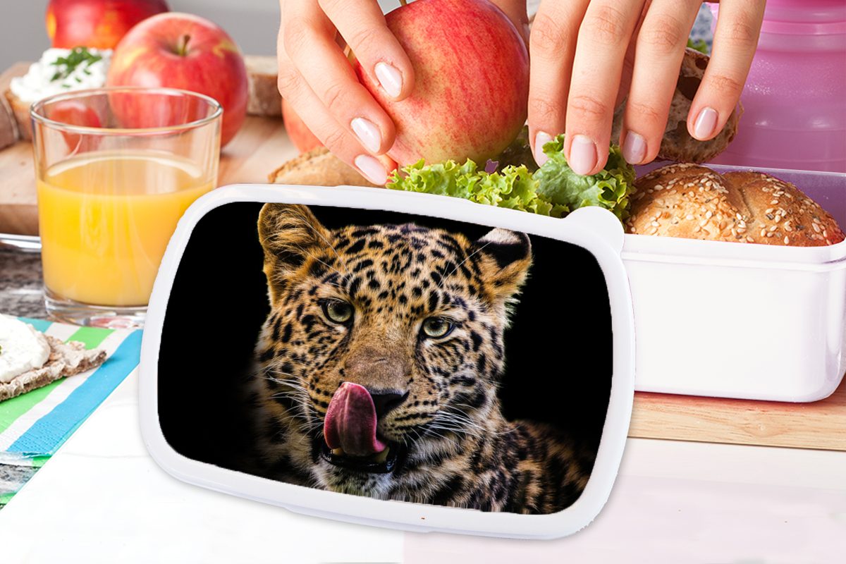 MuchoWow Lunchbox Leopard - (2-tlg), - Nahaufnahme, Kunststoff, für Brotbox Schwarz für und Erwachsene, und Kinder Mädchen weiß Brotdose, Jungs