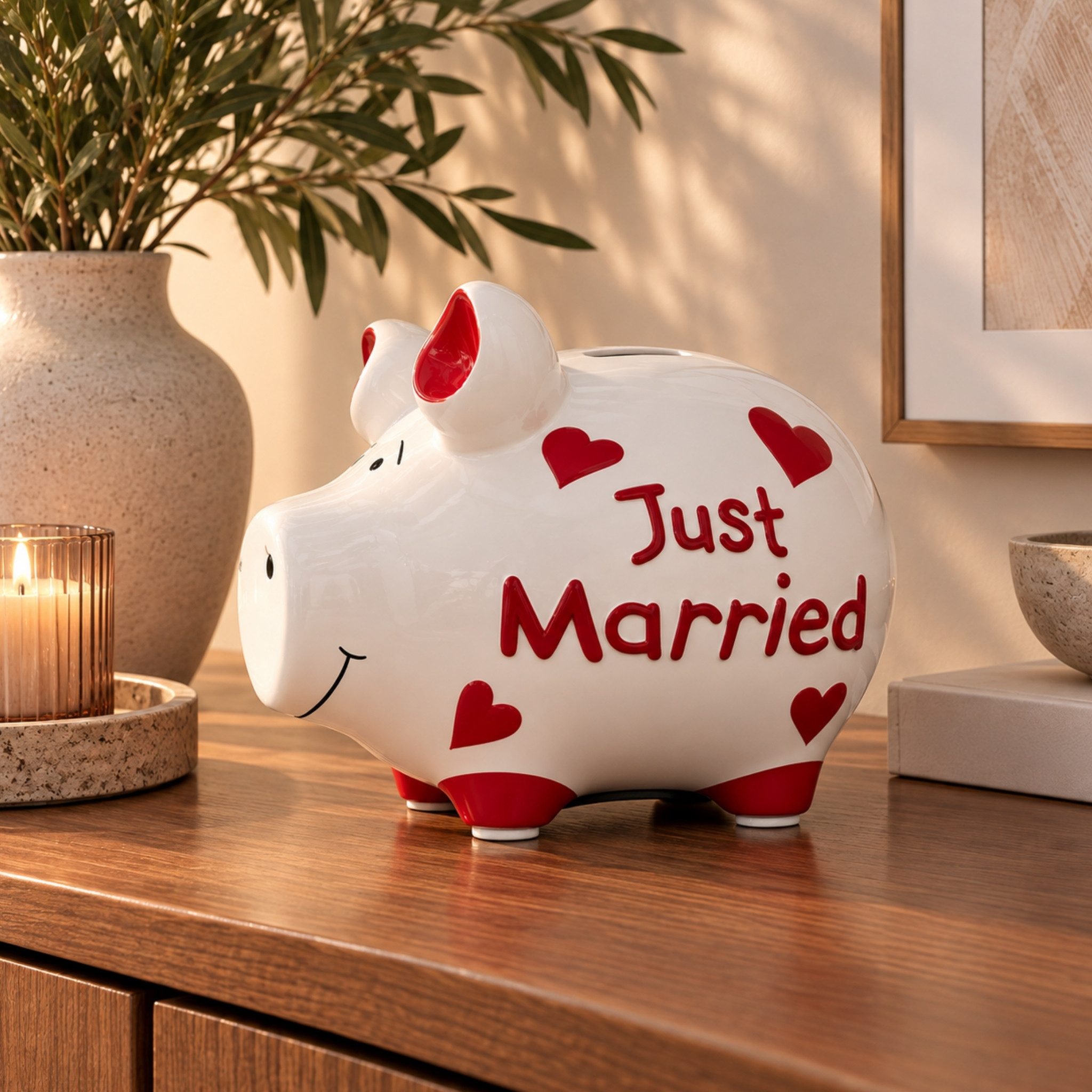 matches21 HOME & HOBBY Bilderrahmen Spardose Hochzeit Sparschwein JUST MARRIED weiß, rot 12,5 cm, Keramik Sparbüchse - Gummistopfen zum Öffnen