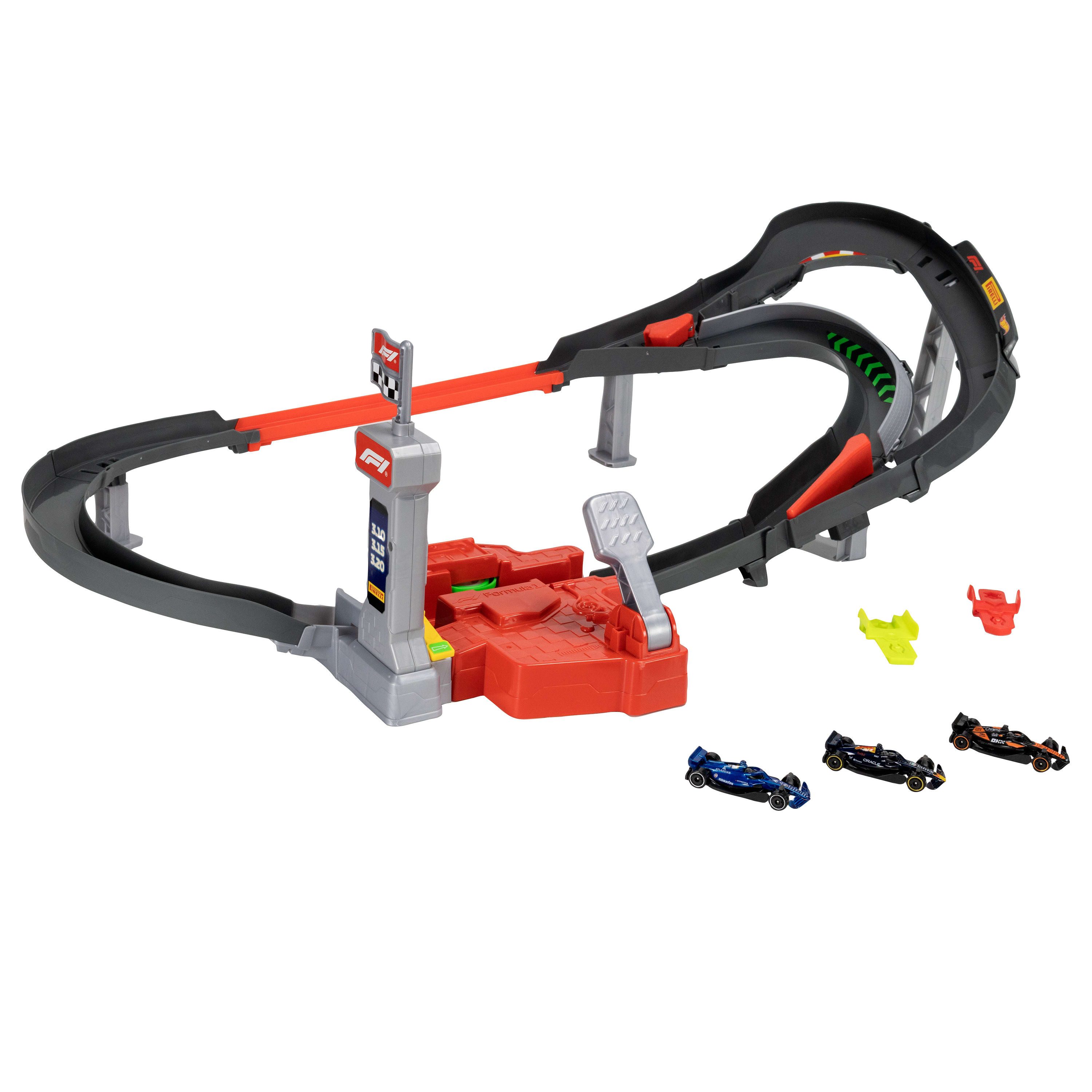 Hot Wheels Autorennbahn Racing Formel-1-Rennstrecke-Trackset, mit 3 Die-Cast-Spielzeugautos im Maßstab 1:64 – Bild 2 von 4