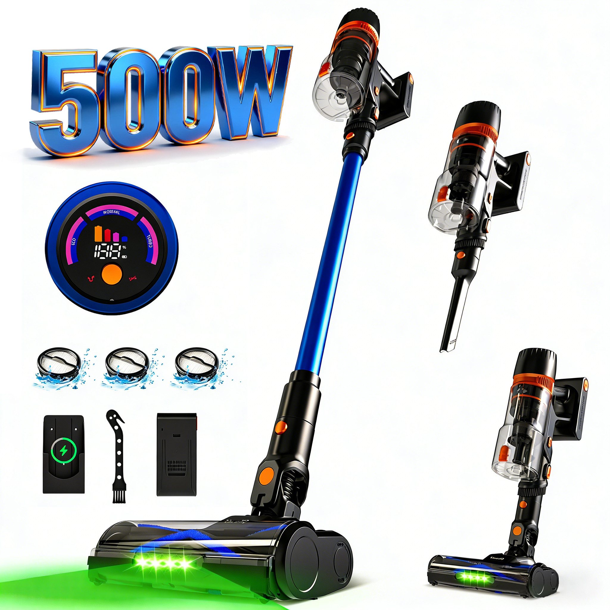 VacniQ Akku-Hand-und Stielstaubsauger 500W/60min Akku Staubsauger,Akku Handstaubsauger,Akkusauger Kabelloser, 500,00 W, Akku-Stielstaubsauger, 60dB, Handstaubsauger, 5‑stufiges Präzisionsfiltersystem