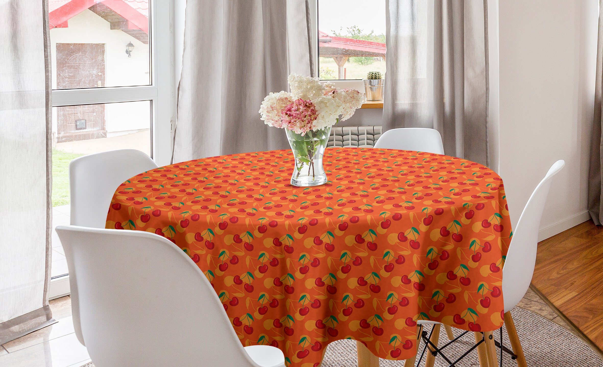 Abakuhaus Tischdecke Kreis Tischdecke Früchte Dekoration, Esszimmer für Küche Zweige Kirsche Motiv Abdeckung orange