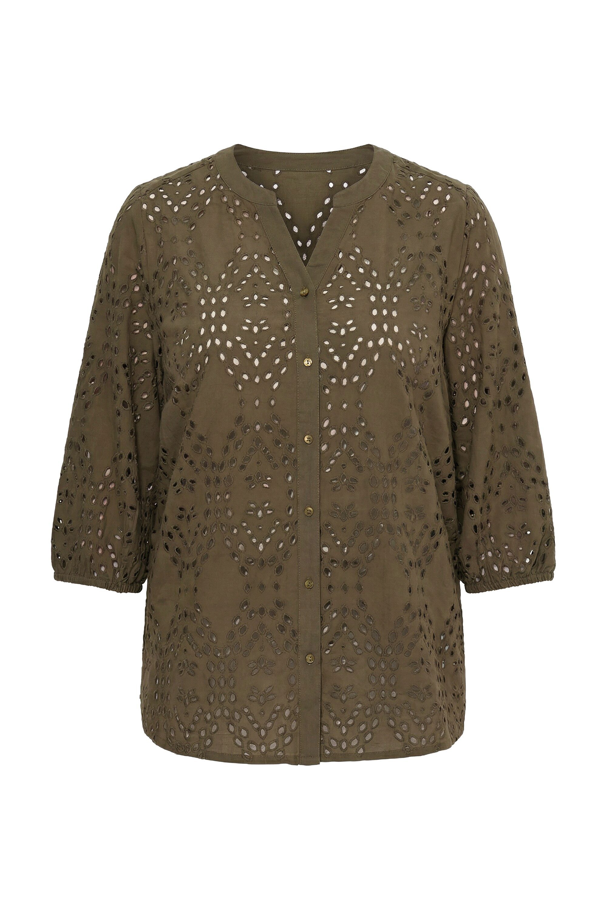 Ulla Popken Tunika Baumwoll-Bluse Stickerei V-Ausschnitt 3/4-Arm