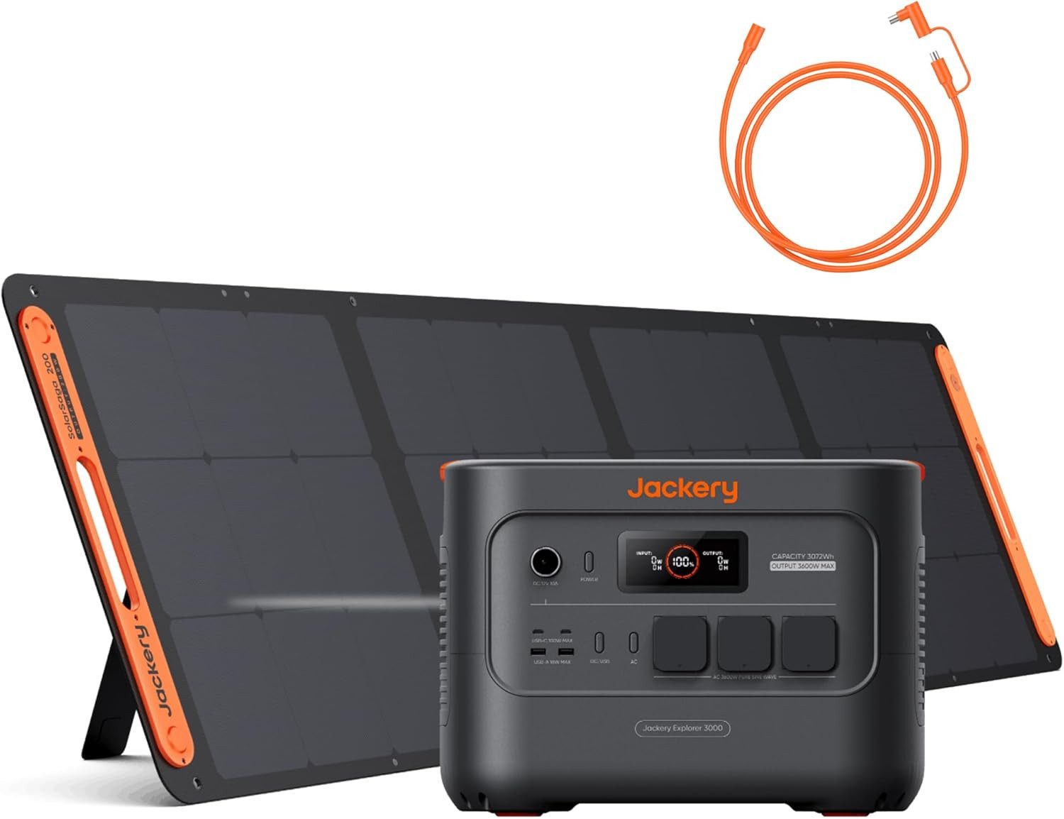 Jackery Stromerzeuger E3000 v2 mit 200W mit Kabel, 3072Wh/3600W tragbare Powerstation, 7,2 in kW, mit 5M Kabel für Notstrom, Camping, Wohnmobil & Haushalt