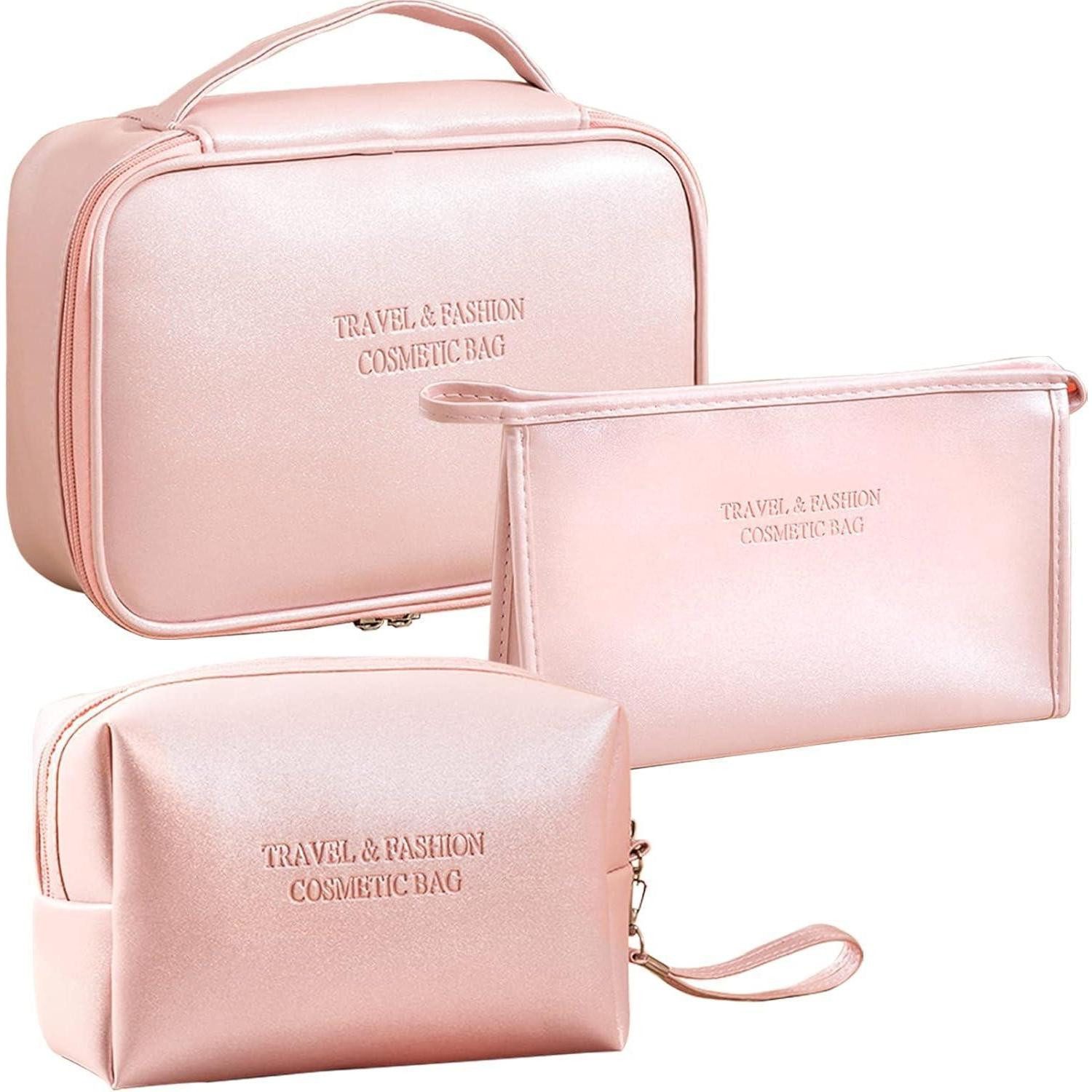 LuxusKollektion Kosmetiktasche Kosmetiktasche Damen Reise PU Wasserdicht Schminktasche 3er Rosa