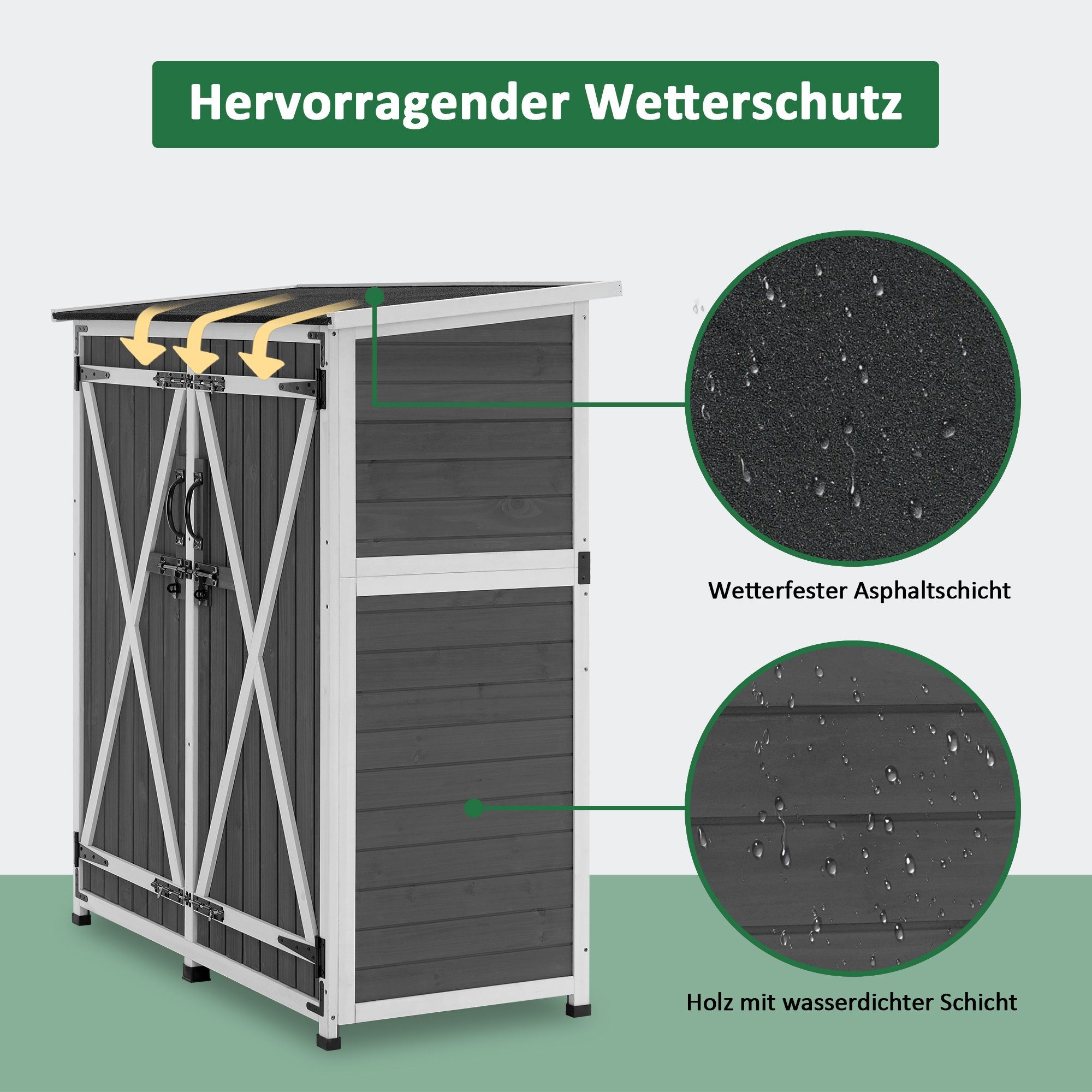 MCombo Gartenbox M MCombo Gartenschrank Klein 0707, Grau Wetterfest Außenbereich Outdoor Holz Gartenhaus 122×60×137cm