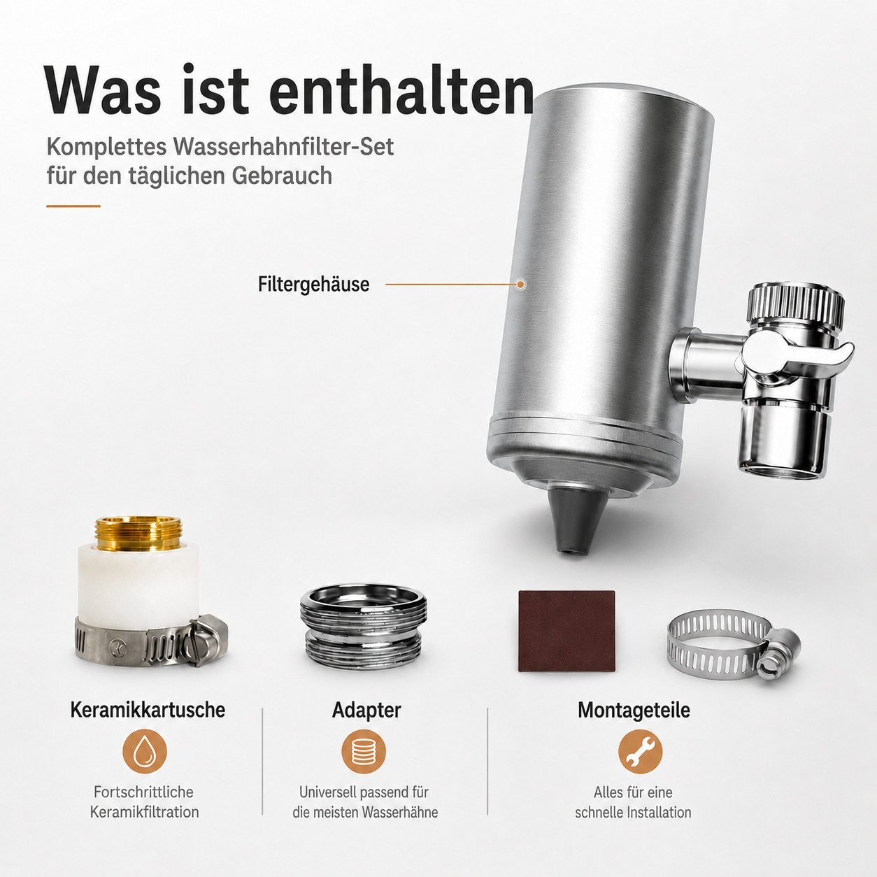 XEOOCE Wasserhahn-Wasserfilter Wasserfilter,  5-fach,  Für Wasserhahn,  1 Stück,  Silber (Set, Montageset), Keramikfilter waschbar, 5-fach, Edelstahl, Montage