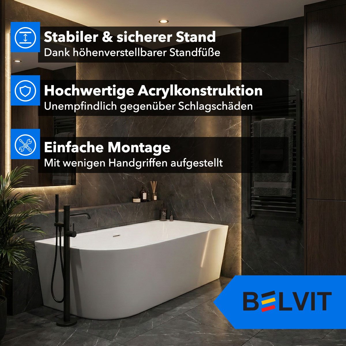 Belvit Badewanne halbfreistehend & freistehend aus Acryl – Eckbadewanne oder oval, Links, Mittig & Rechts, in 180x80 - 170x78 cm, mit Ablaufgarnitur