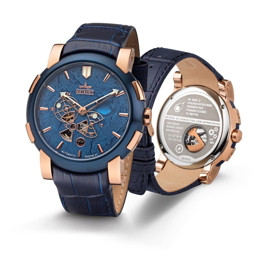 Kronsegler Automatikuhr Meteorit Herren Lederband, mit m. rose-blau/blau Meteoritenstein Armbanduhr