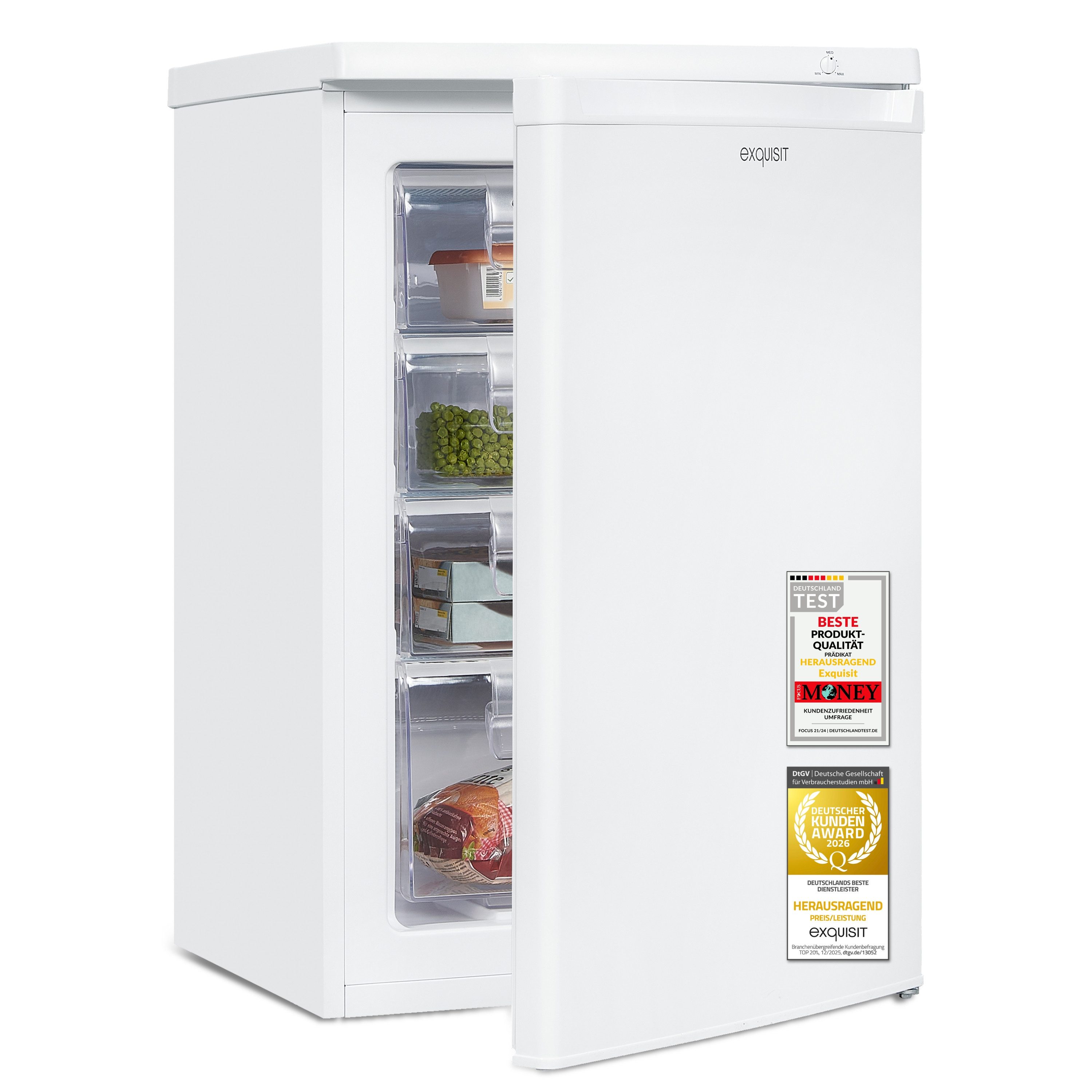 exquisit Gefrierschrank GS512-040E, 85.5 cm hoch, 55 cm breit, 91 l Nutzinhalt, 4 Gefrierschubladen, 40 dB Geräusch, Geräuschklasse C