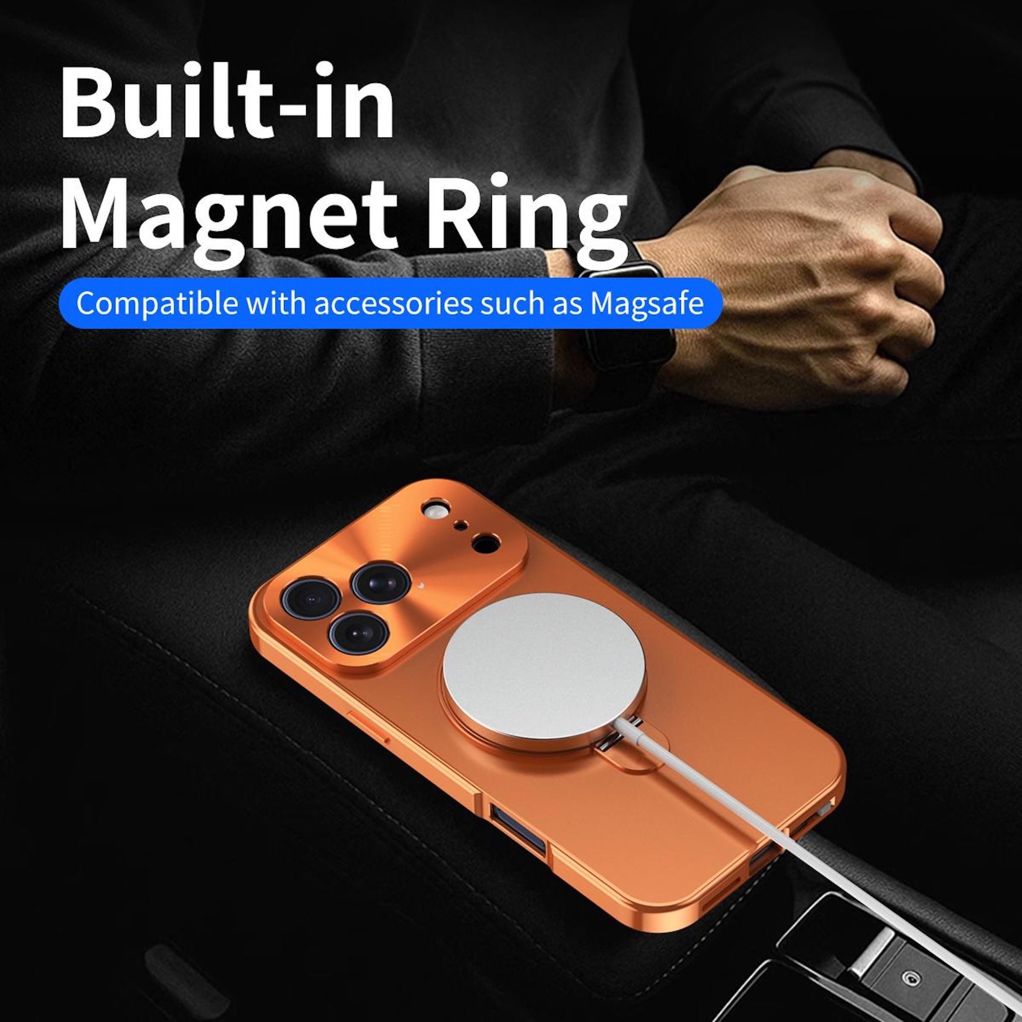 Wigento Handyhülle Für Apple iPhone 17 Pro Max Privacy Metall MagSafe Halter Hülle Orange, MagSafe-kompatibel, Privacy-Front, Haltering – Bild 5 von 5