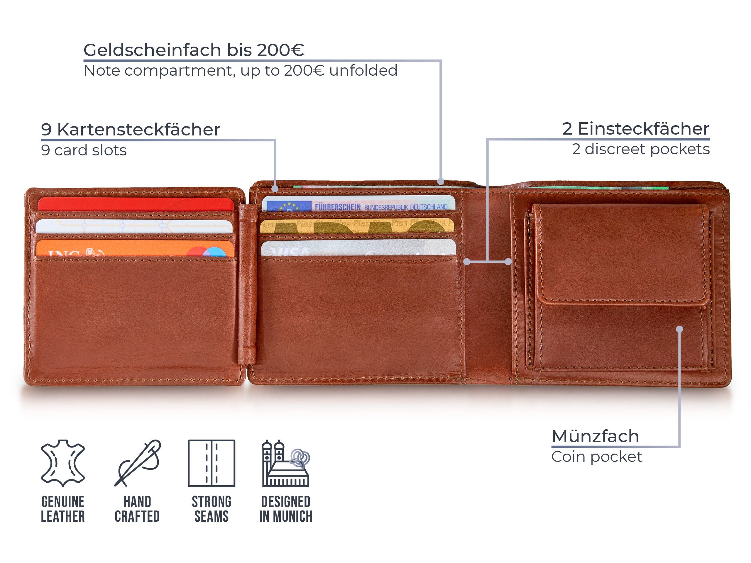 PURE Leather Trifold, Trifold mit Geldbeutel Herren Studio Schutz Portemonnaie cognac geprüftem Brieftasche CASTOR Geldbörse RFID