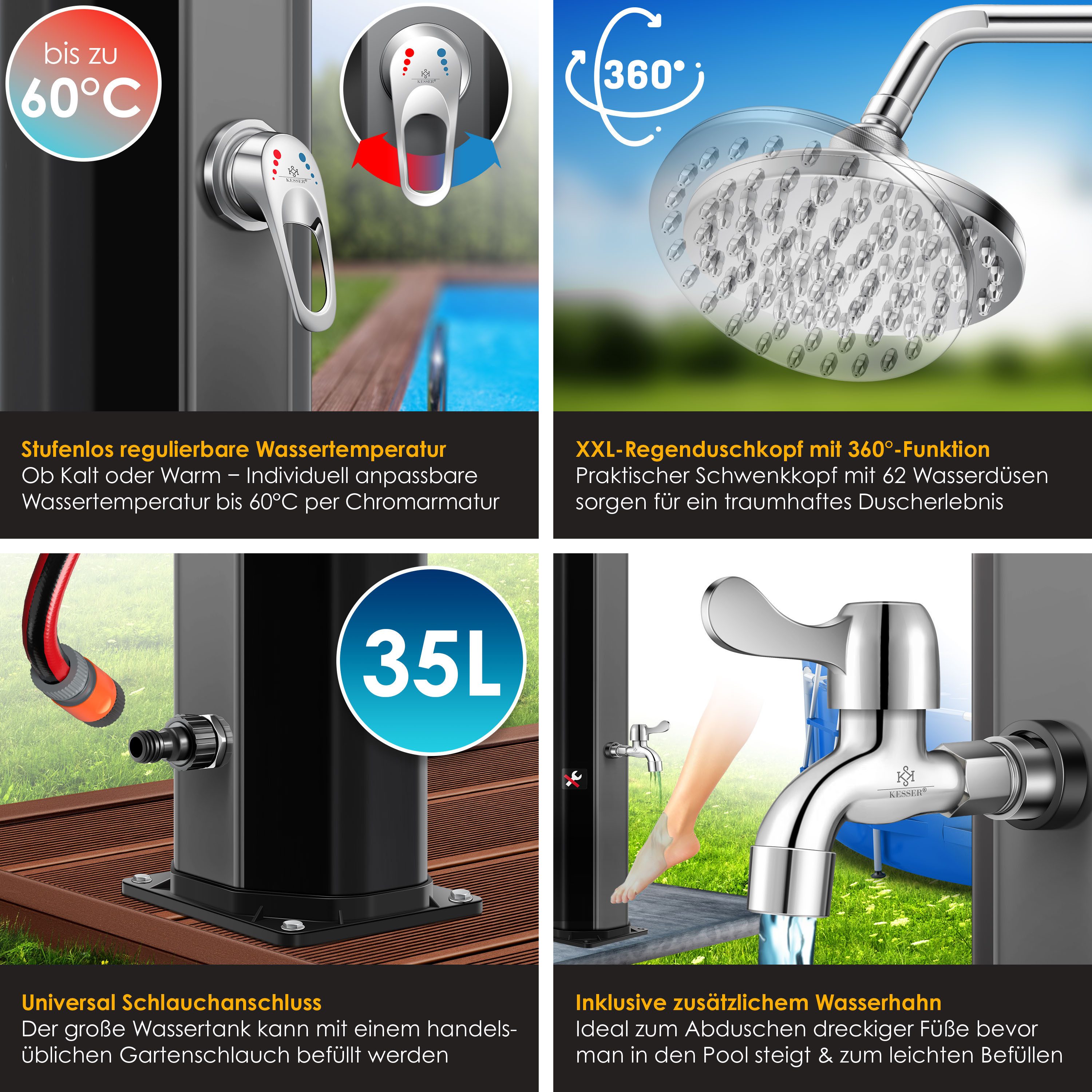 KESSER Solardusche, 35L Solar Gartendusche warmes Wasser max 60°C Pooldusche Campingdusche