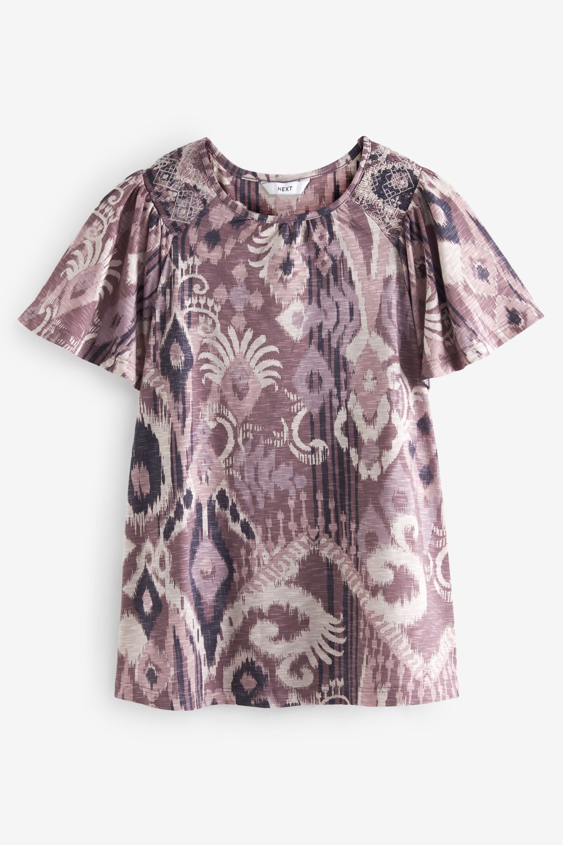 Next T-Shirt Gesmoktes Kurzarm-Top mit rundem Ausschnitt (1-tlg) Purple Ikat