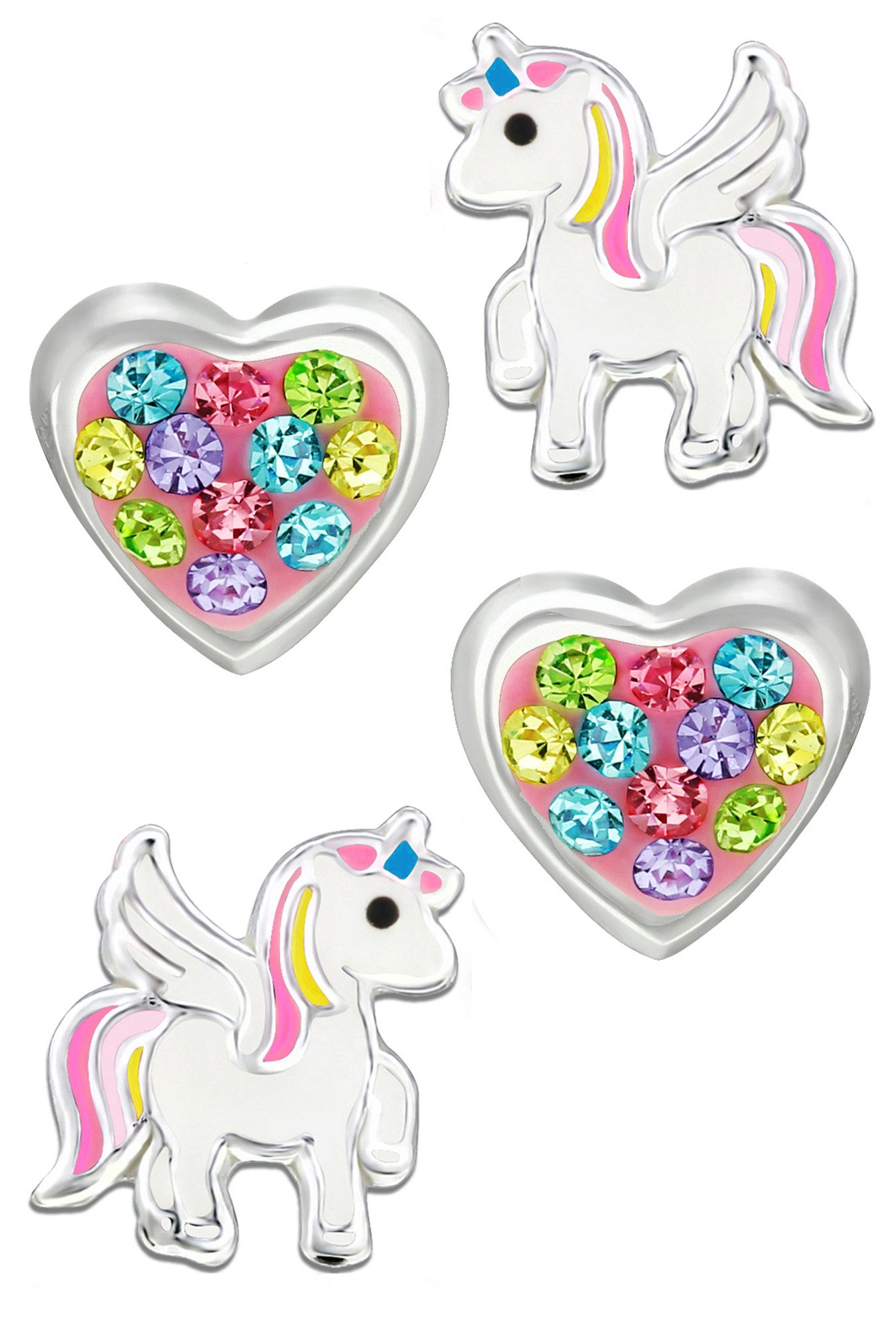 Limana Ohrstecker-Set Ohrringe für Kinder Mädchen 925 Silber Einhorn Pferde Herz, Zikonia Kinderschmuck Kinderohrringe Mädchenohrringe