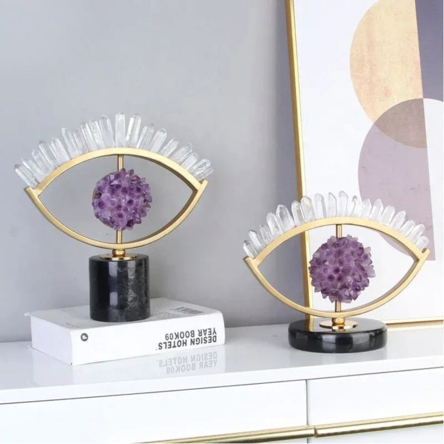 Quality Elegance Skulptur 2er Set Luxus Amethyst Skulpturen Gold Auge Marmor Deko (2 St)