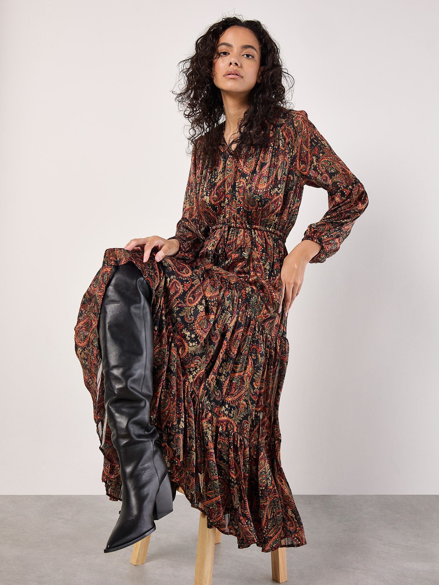 Apricot Druckkleid Paisley-Midikleid (2-tlg) mit Ballonärmeln und Bindeband günstig online kaufen