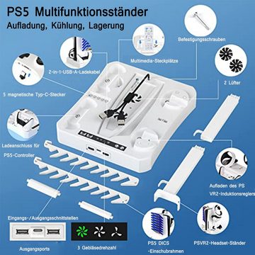 KINSI PSVR2 und PS5 Aufbewahrungsständer,duale Ladestation,Kühlungsstation PlayStation 5-Controller (mit 3 Windgeschwindigkeiten,PS5-Controller, Headset und Disc-Halter)