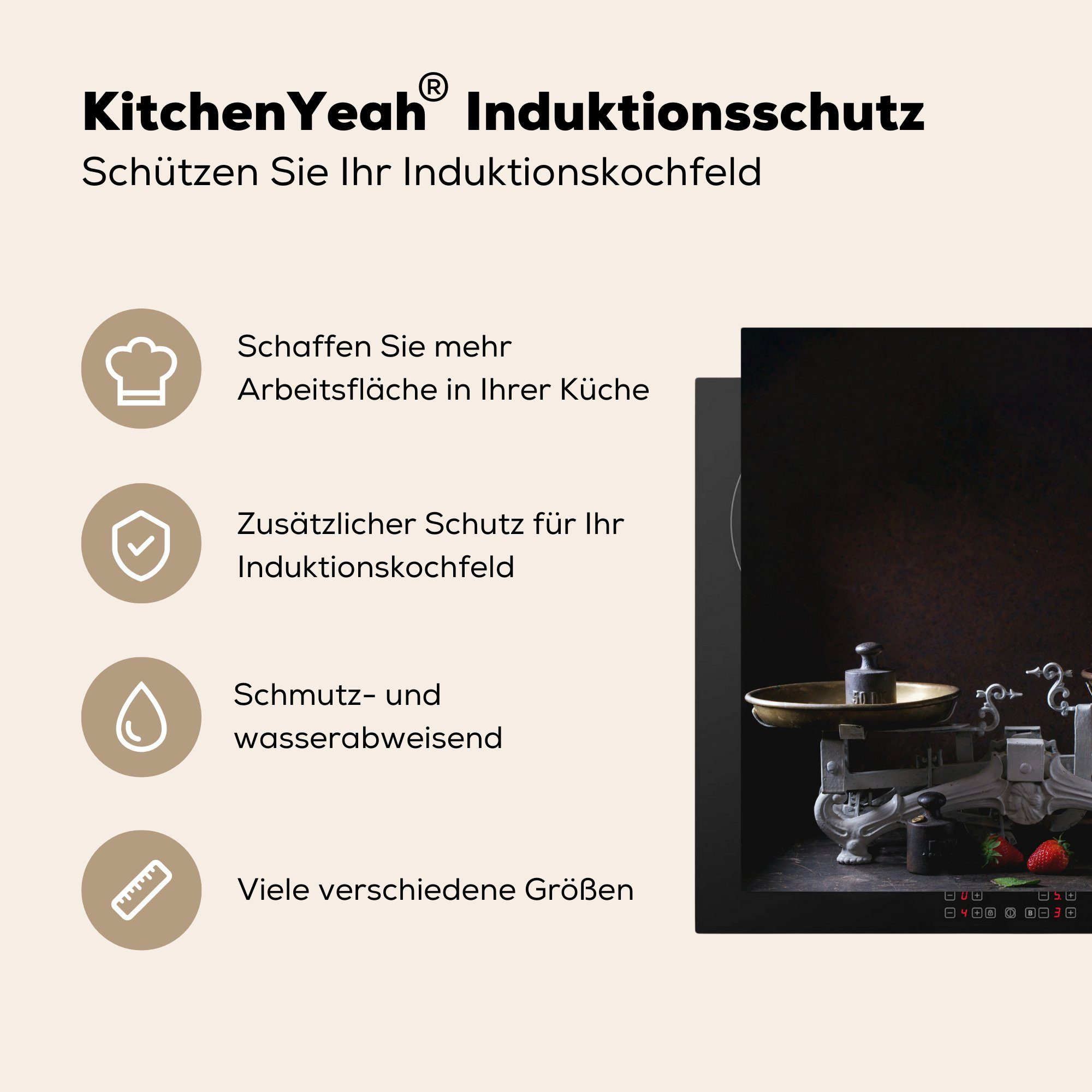 Kochfeld küche MuchoWow Induktionsschutz, - 78x78 - - für Ceranfeldabdeckung, Vinyl, tlg), Küchenwaage Herdblende-/Abdeckplatte Erdbeere cm, Vintage - (1 Arbeitsplatte