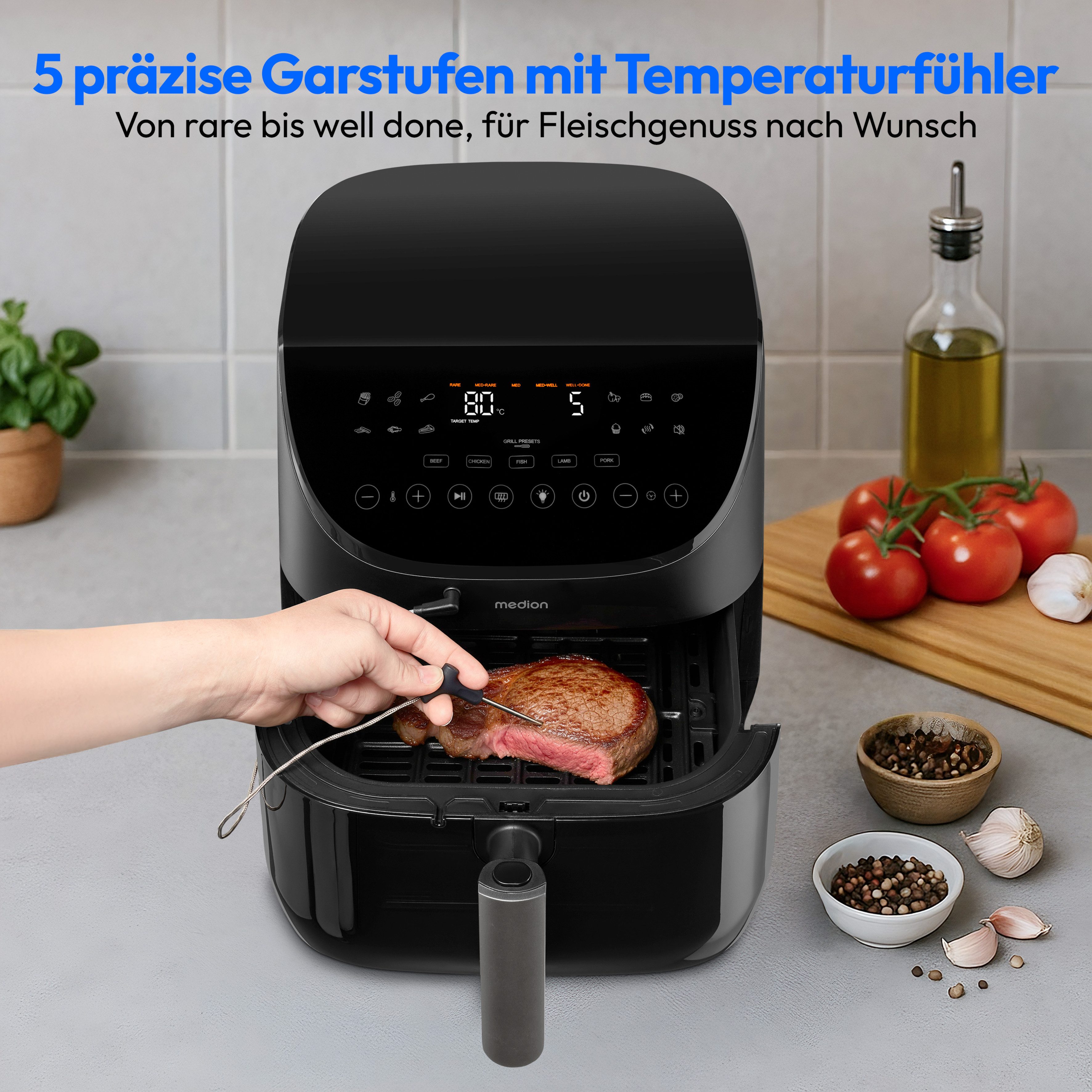 Medion® Heißluftfritteuse MD13060, 1700 W, Temperaturfühler, DC-Motor, leiser Betrieb, PFAS-freie SP