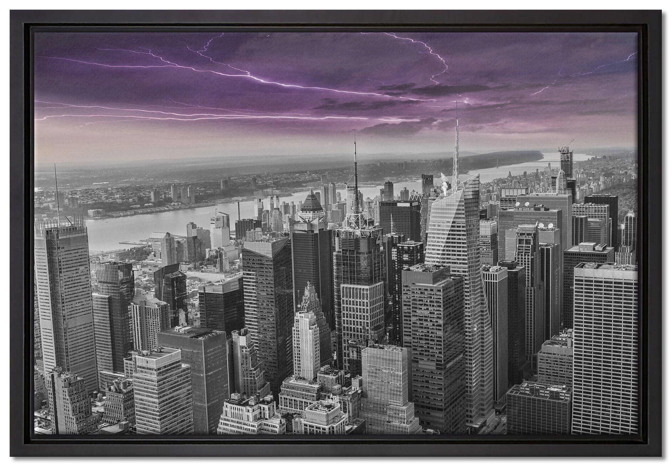 Pixxprint Leinwandbild Skyline New York Gewitter, Wanddekoration (1 St), Leinwandbild fertig bespannt, in einem Schattenfugen-Bilderrahmen gefasst, inkl. Zackenaufhänger