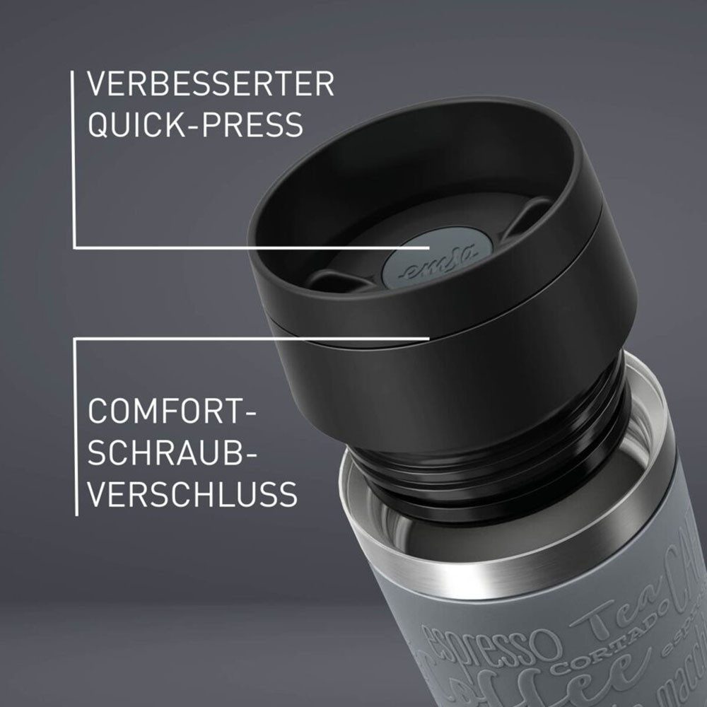 Emsa Thermobecher Travel Mug Classic, mit 360°-Trinköffnung, auslaufsicher, rutschfest, Edelstahl, Kunststoff, Silikon, 4h heiß, 8h kalt - 360 ml / 6h heiß, 12h kalt - 500 ml, 100% dicht