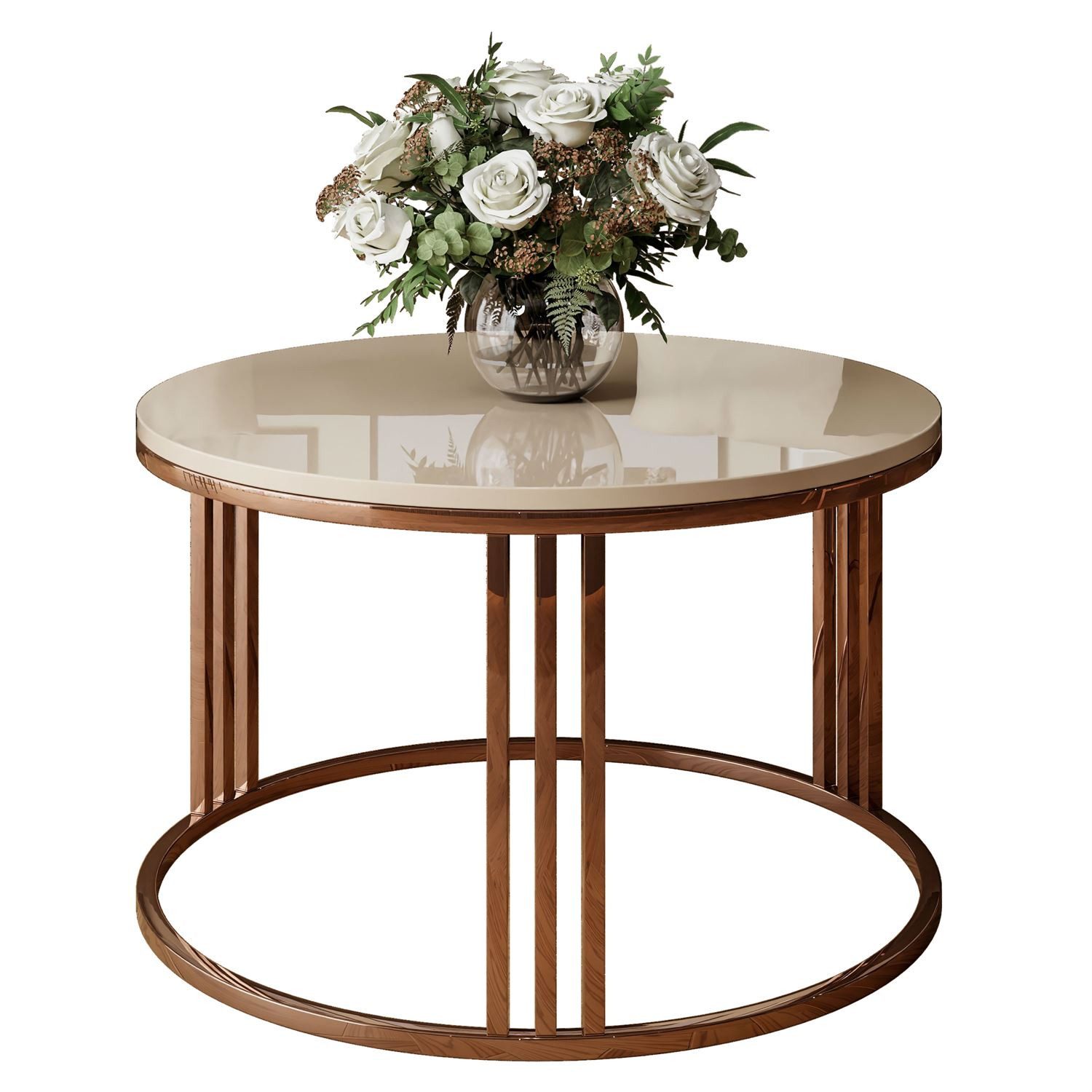 Lookway Couchtisch LORI Hochglanz Runder Couchtisch mit Kupfergestell (1x Tisch), Durchmesser: ⌀70 cm