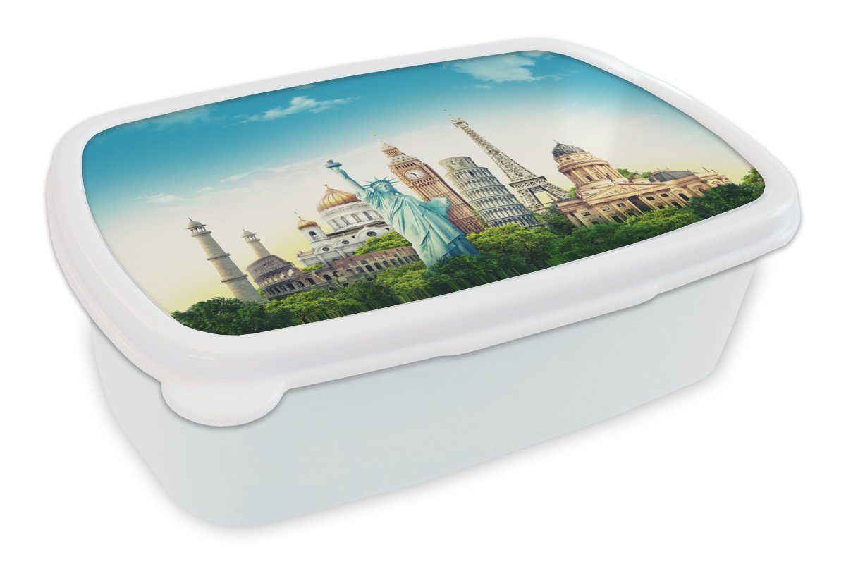 MuchoWow Lunchbox Welt - Eiffelturm - Freiheitsstatue, Kunststoff, (2-tlg), Brotbox für Kinder und Erwachsene, Brotdose, für Jungs und Mädchen weiß