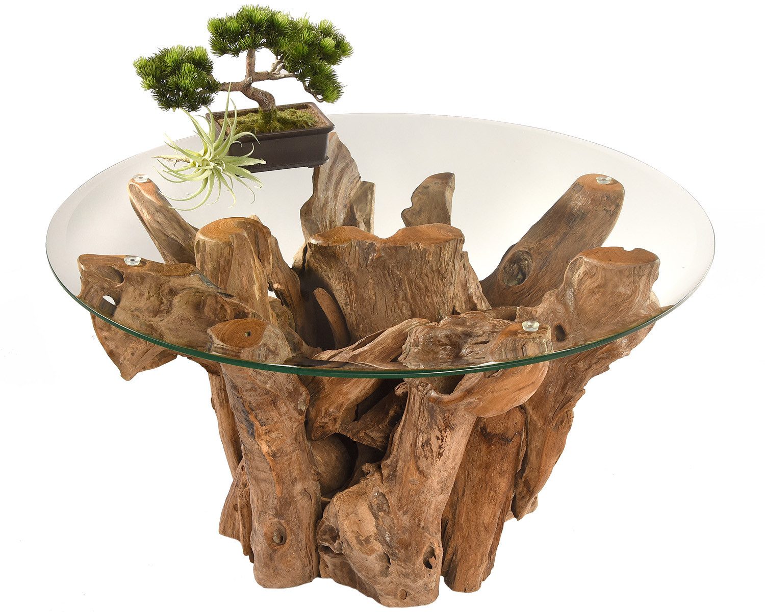 Bambus-Lounge Couchtisch Sofatisch Koroba mit Glasplatte aus Teakholz Ø 80 cm Wohnzimmertisch