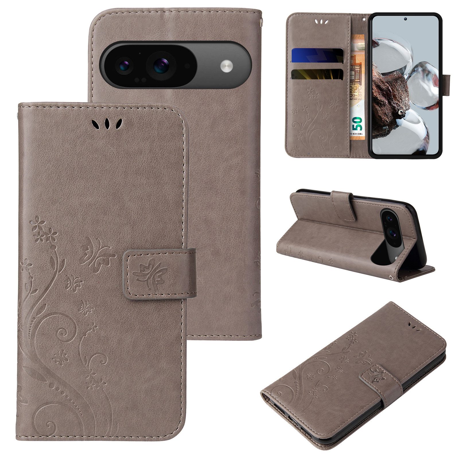 Tec-Expert Handyhülle Cover Tasche Hülle für Google Pixel 9 / 9 Pro 6.3 Zoll, 6.3, Klapphülle Case mit Kartenfach Fliphülle aufstellbar, Motiv Blumen