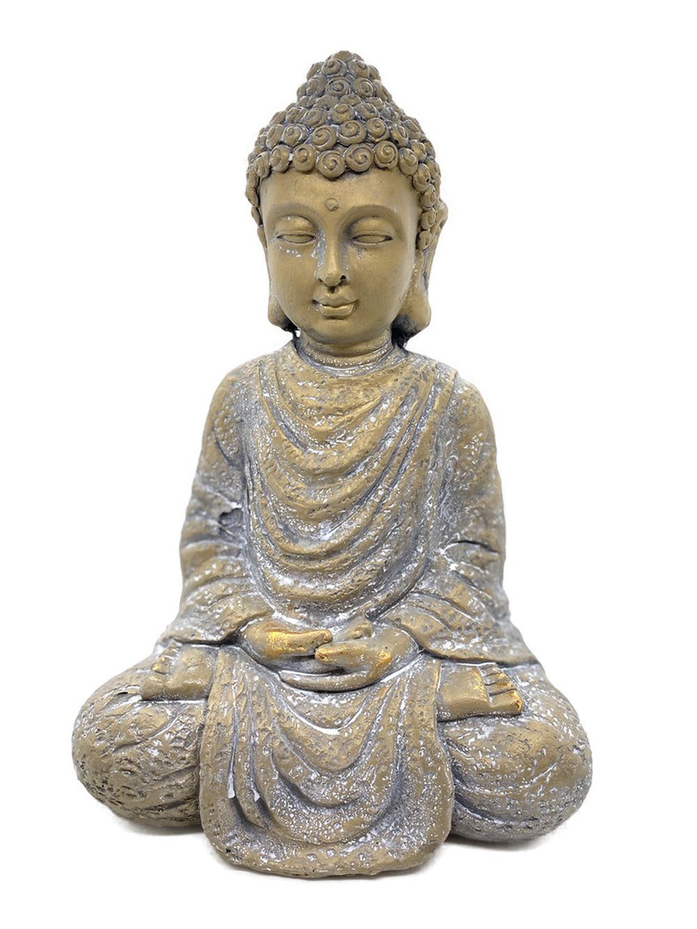 Parts4Living Buddhafigur Magnesia Buddha Figur mit gefalteten Händen Dekofigur  Skulptur Buddhastatue Gartenfigur im asiatischen Stil gold/weiß gewischt  21x14,5x31,5 cm