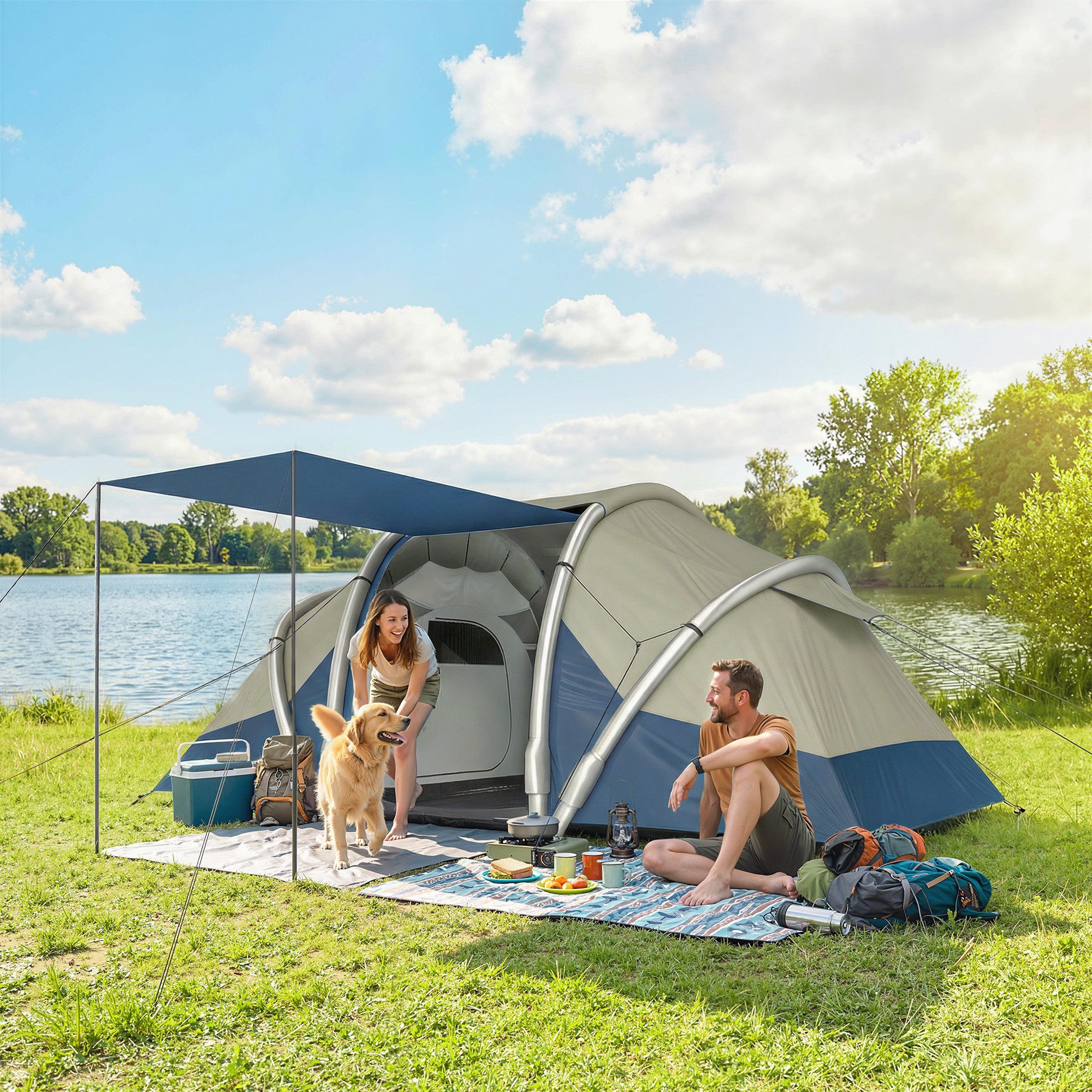 Outsunny aufblasbares Zelt mit Luftpumpe, 2 Schlafzimmer, Meshfenster, fluoreszierend Heringen, Personen: 4 (Outdoor Camping Zelt, 5 tlg., Air Glamping Zelte), aus Oxfordstoff