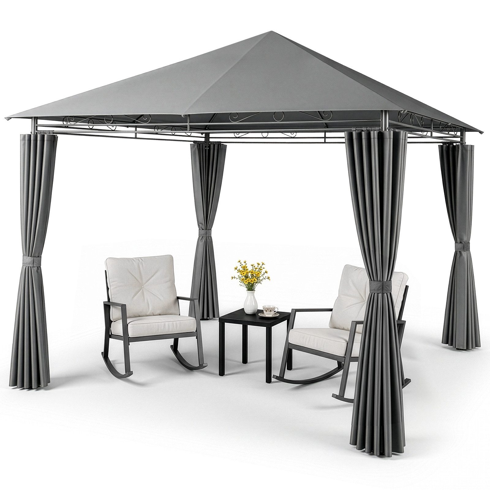 LALAHO Pavillon Gartenpavillon 3x3m mit Vorhängen, wetterfest & UV-beständig, mit 4 Seitenteilen, Terrassenpavillon Partypavillon für Party Grillabend Terrasse – Bild 2 von 5