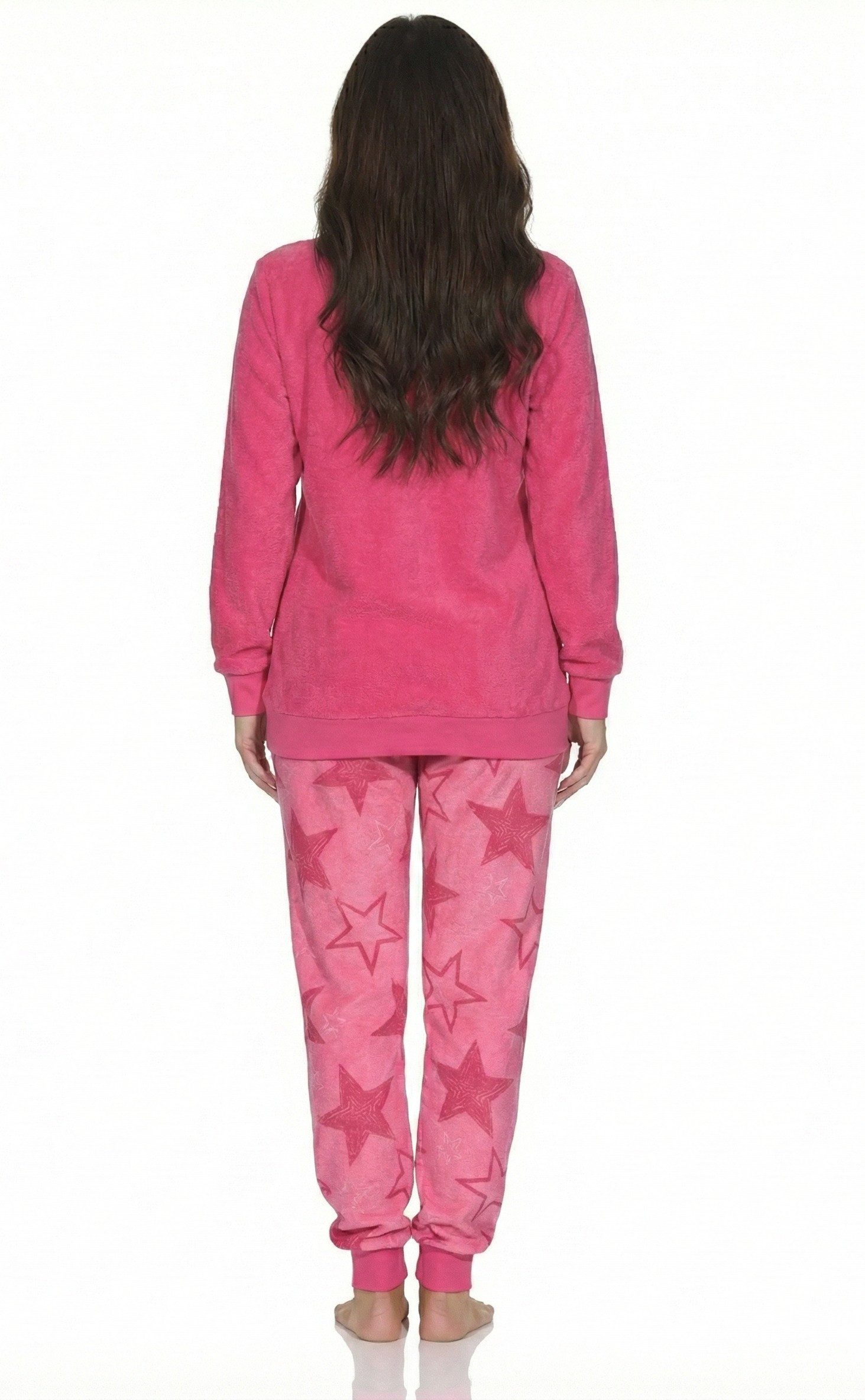 Normann Pyjama Normann Damen Frottee Schlafanzug lang mit Bündchen in Sterne Optik – Bild 3 von 5