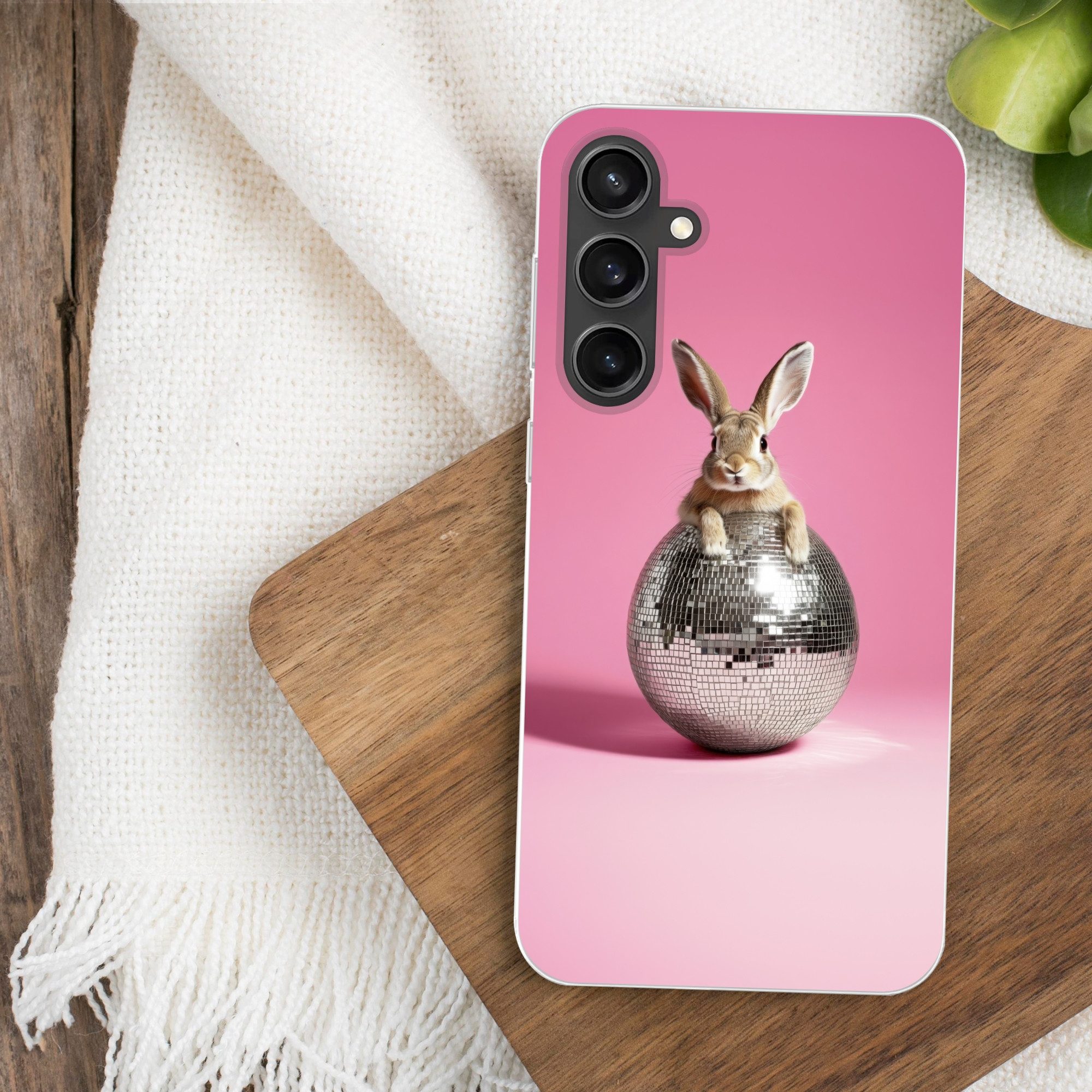 MuchoWow Handyhülle für Samsung Galaxy S23 FE Hase - Schleife -Diskokugel