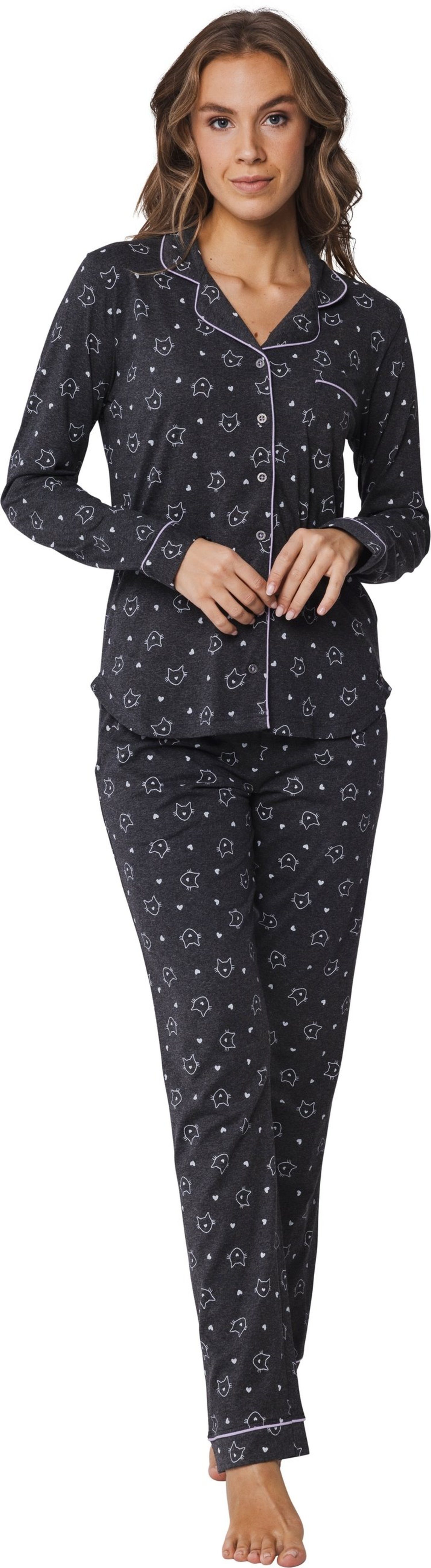 Rebelle Schlafanzug Damen Pyjama Katzen (2 tlg) geknöpft