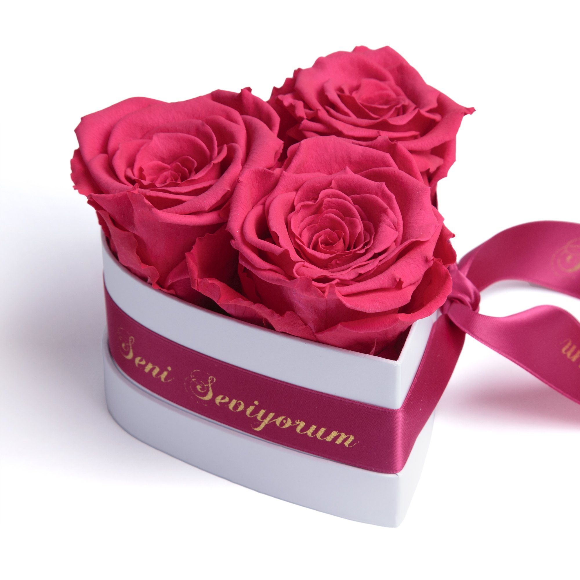 Kunstblume Seni Seviyorum Infinity Rosenbox Herz 3 echte Rosen konserviert Rose, ROSEMARIE SCHULZ Heidelberg, Höhe 10 cm, echte Rosen lang haltbar Pink