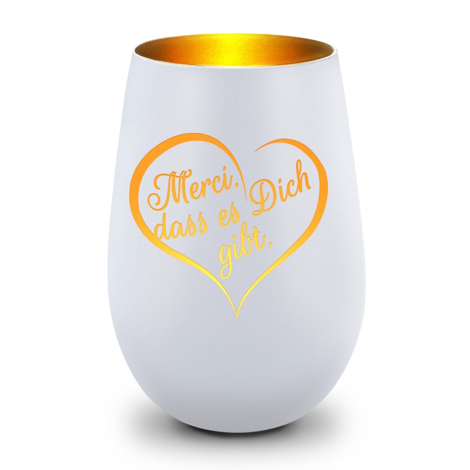 GRAVURZEILE Windlicht aus Glas mit beidseitiger Gravur - Merci dass es Dich gibt - Deko (Weiß/Gold), Geschenke für Frauen und Männer zum Geburtstag und weitere Anlässe
