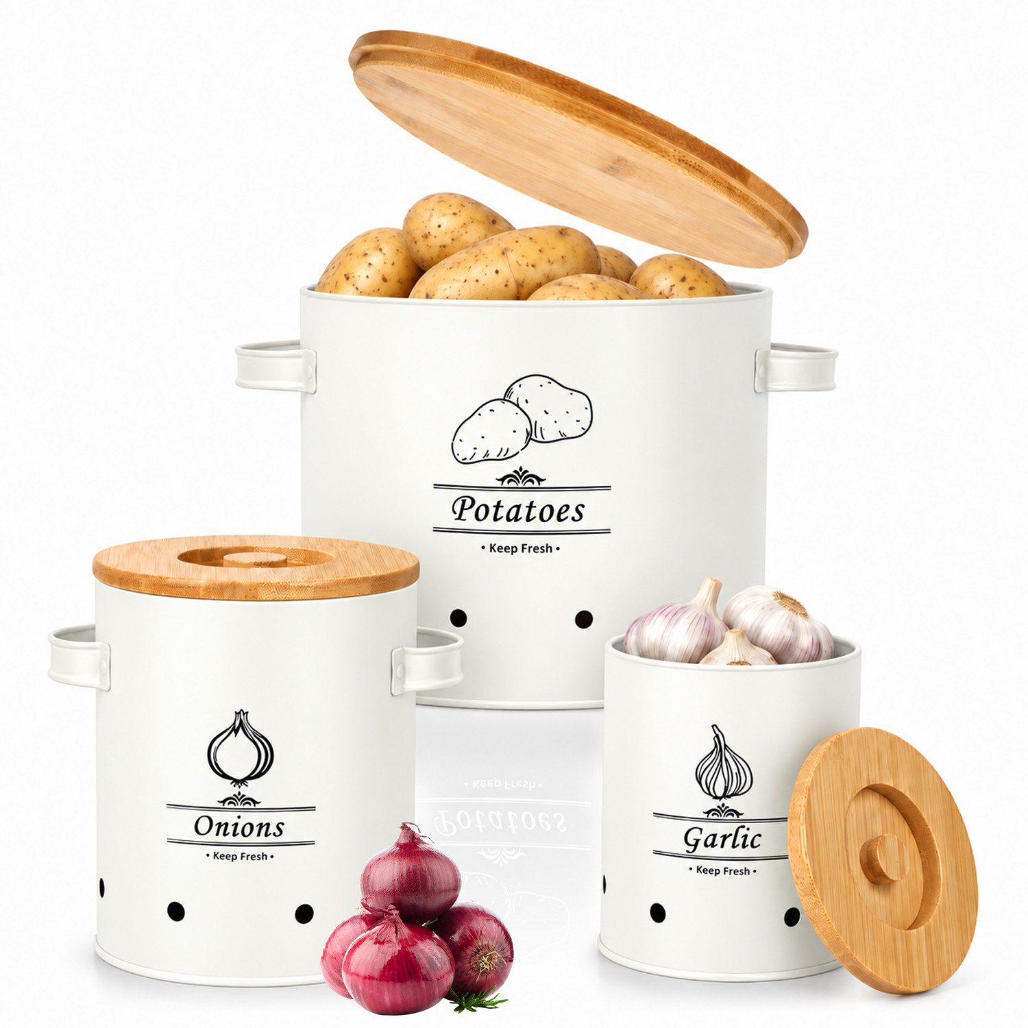 OSTWOLKE Vorratsdose 3er Kartoffel Aufbewahrungsbox mit Bambusdeckel Zwiebel Aufbewahrung, (Metall Behälter für Kartoffel Zwiebel knoblauch Aufbewahrung), Stapelbares Design Vorratsdosen, Hält das Gemüse frisch