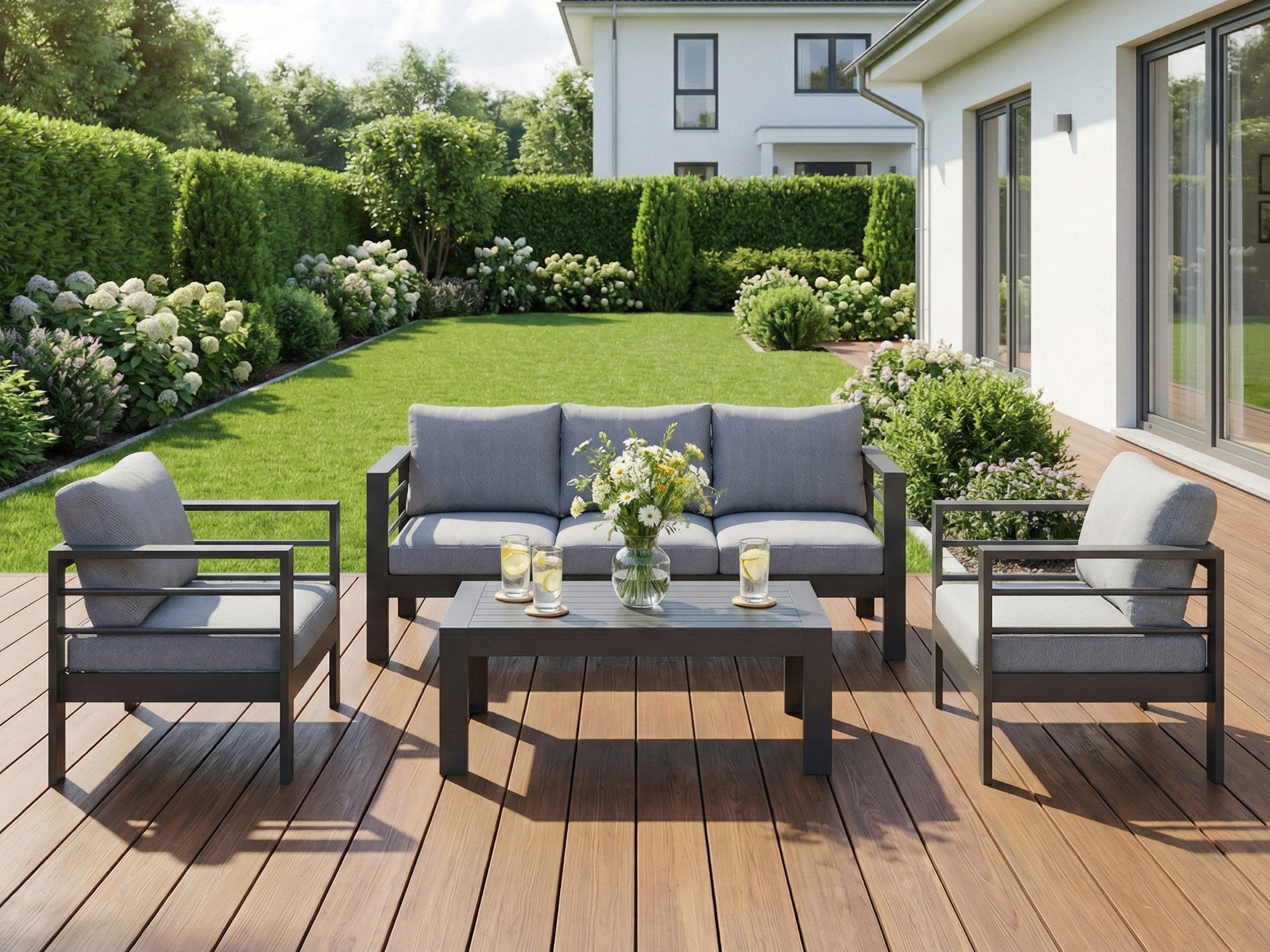 MeXo Gartenlounge-Set Gartenmöbel Set 4-5 Personen Aluminium Wetterfest, (12cm Deluxe Relax-Sitzkissen, 4-tlg., Belastbarkeit pro Sitzplatz 140kg), Lounge Gartenmöbelset mit Tisch, Luxus Relax