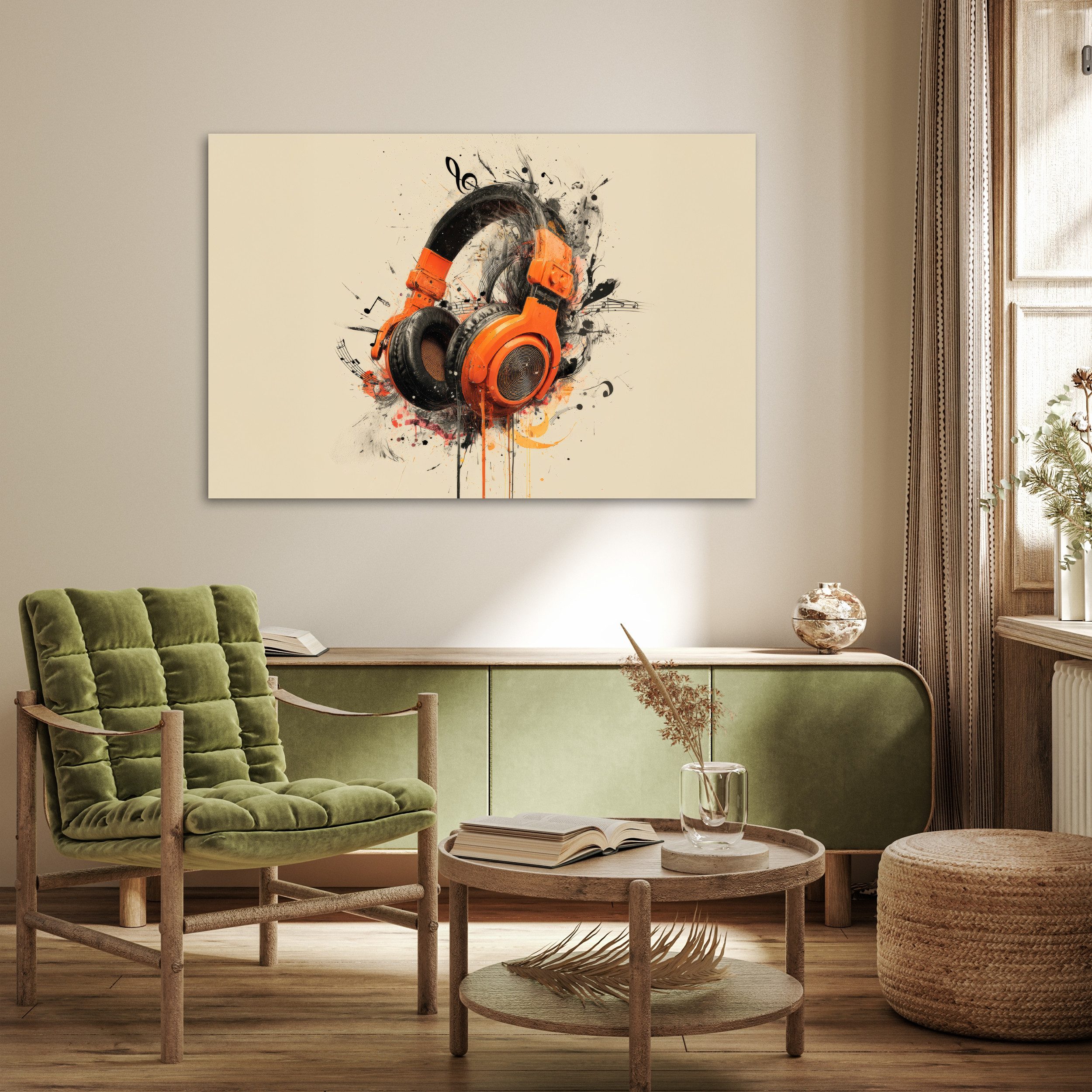 MuchoWow Poster Kopfhörer - Orange - Explosiv, (1 St), Bild für Wohnzimmer, Wandposter ohne Rahmen, Wanddeko, 120x80 cm